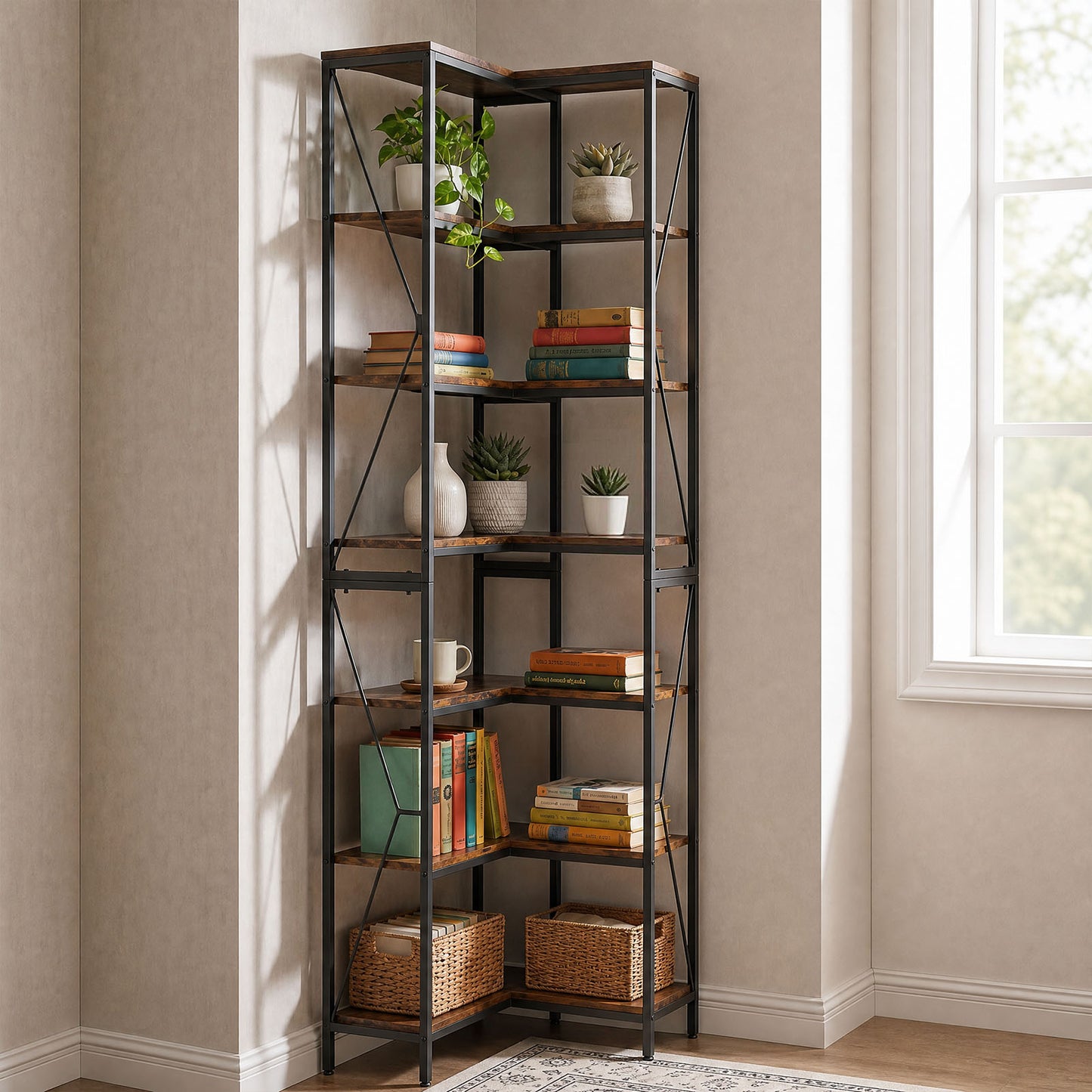 7-Tier Industrial Corner Bookshelf - Open Display Rack