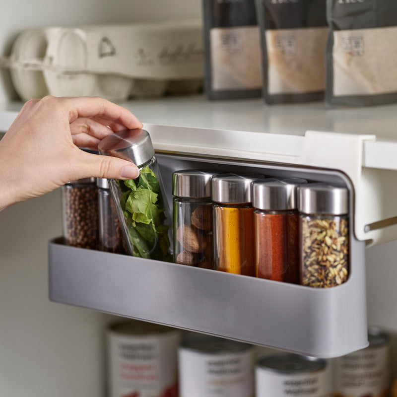 Hanging Spice Jar Storage Rack for Kitchen - 6 Glass Bottles, Punch-Free Design
