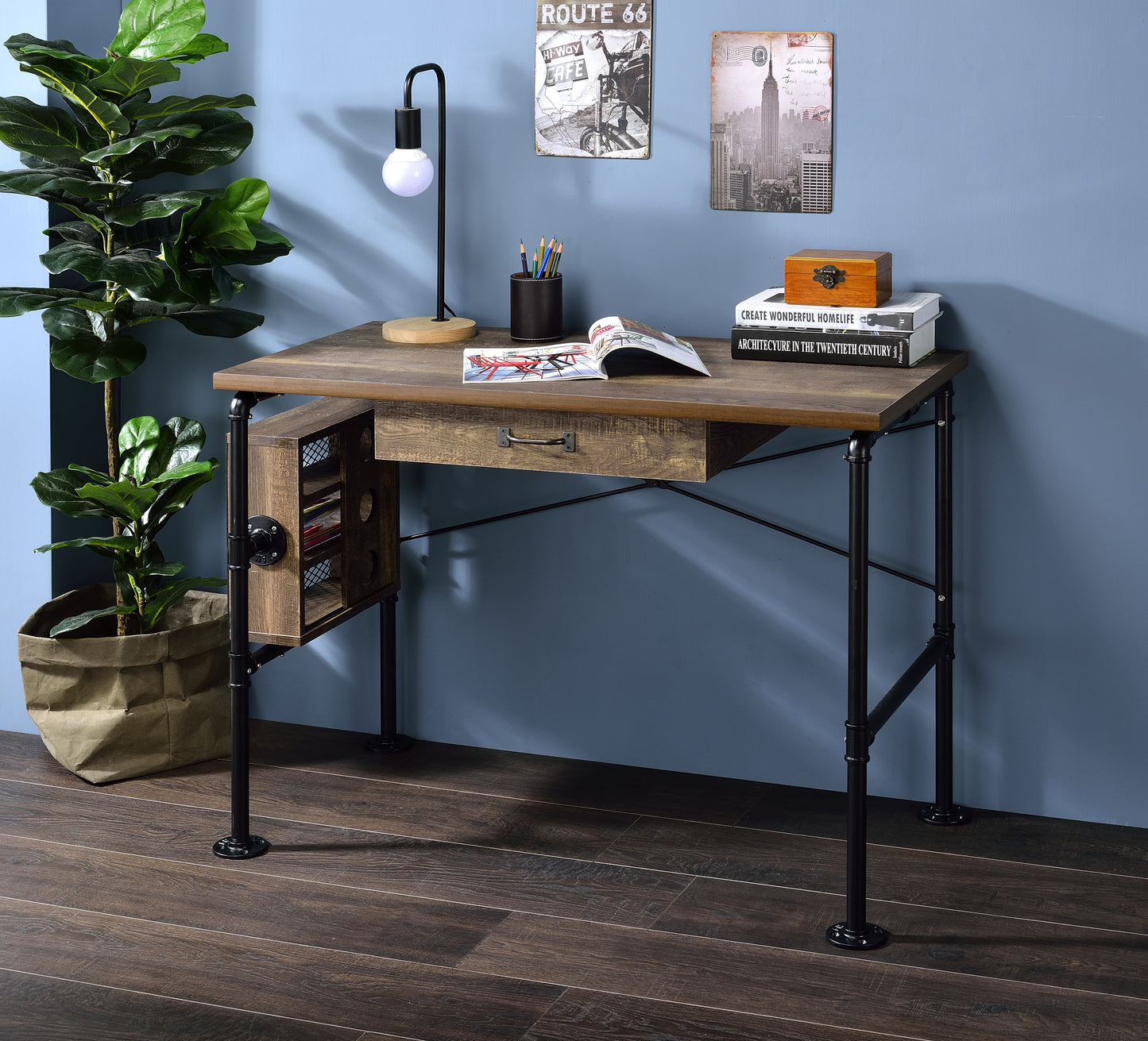 Weathered Oak & Black Finish Writing Desk with Storage