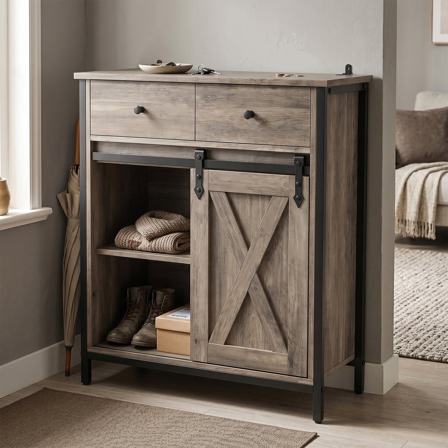 Farmhouse Buffet Cabinet with Sliding Barn Door & Adjustable Shelves