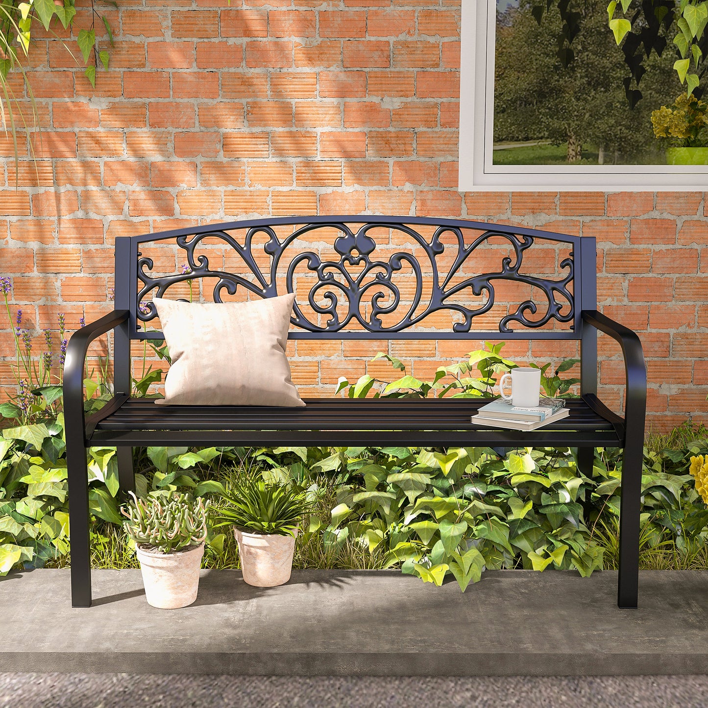 50" Floral Design Garden Patio Bench - Comfortable Black Steel