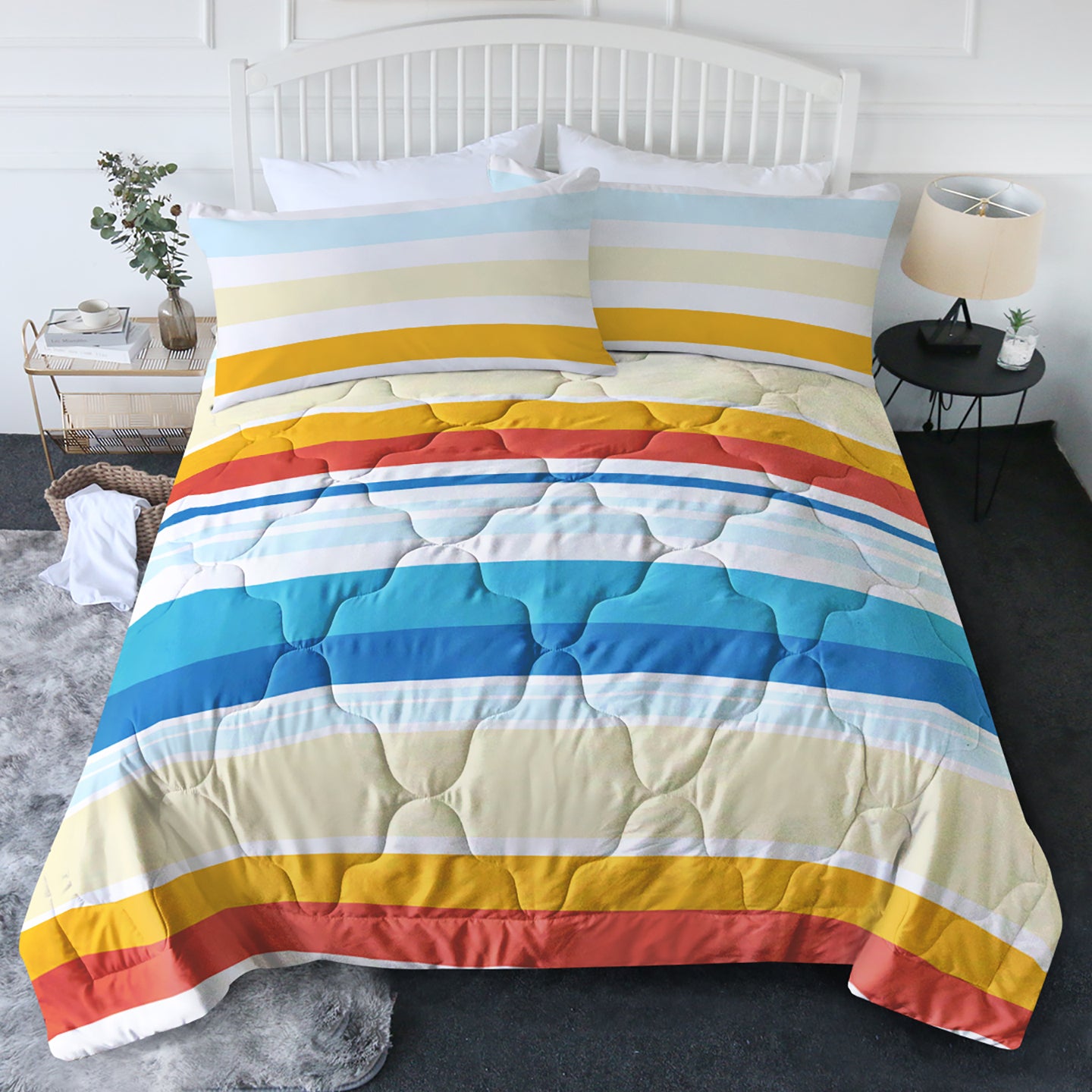 Queen Rainbow Stripes Comforter Set with Pillowcases - 3 Piece