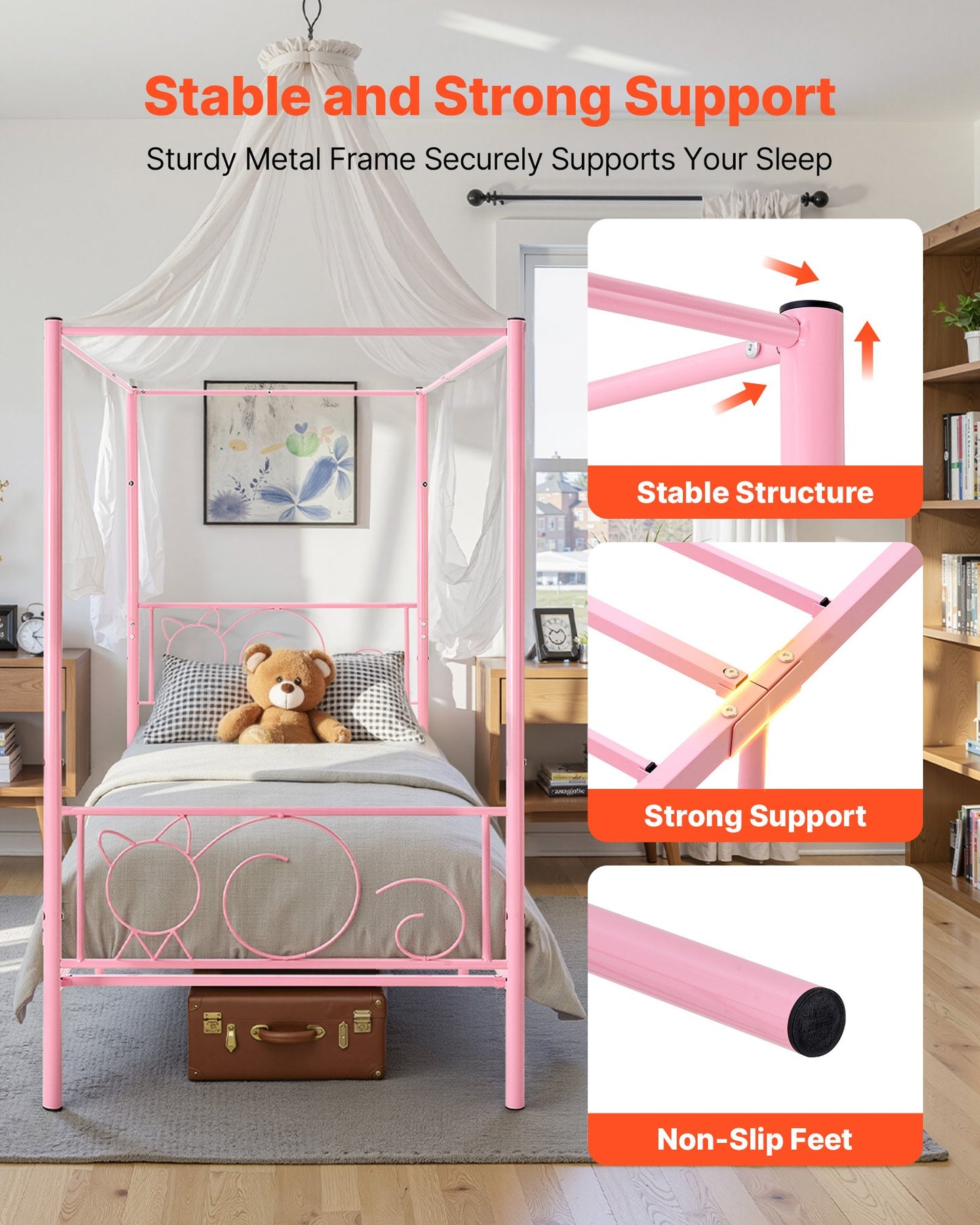 Twin Size Metal Canopy Bed Frame with Storage, Pink, Easy Assembly