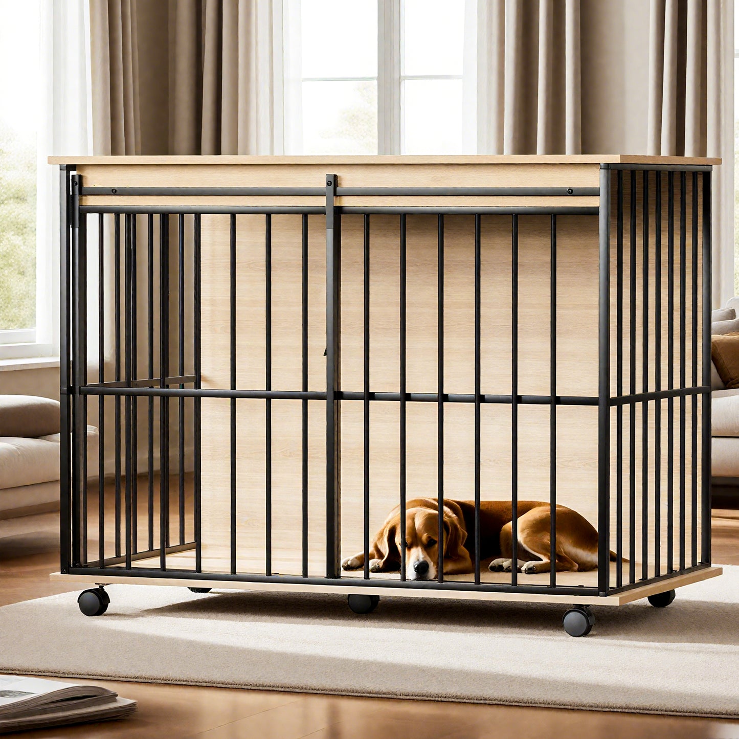 Large Wooden Dog Crate Furniture for Medium to Large Dogs - Black & Natural