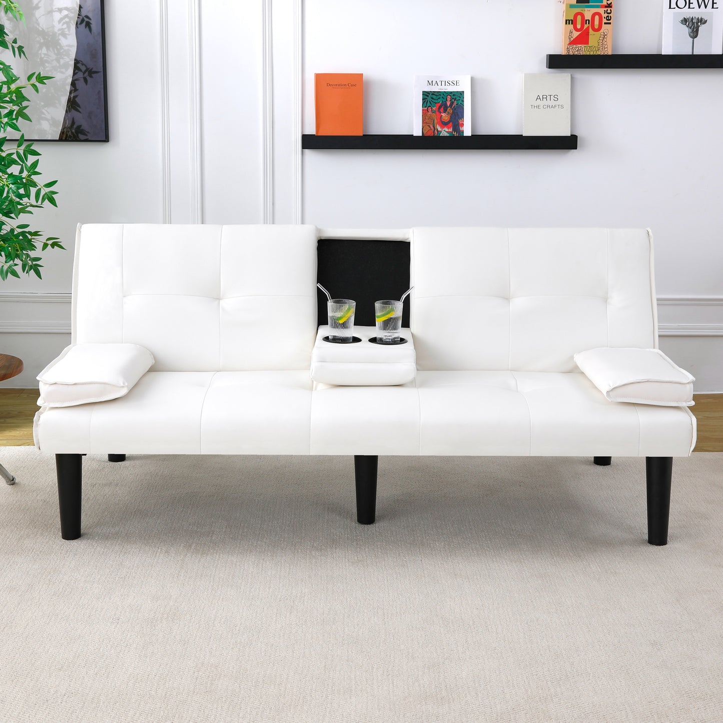 67-Inch White PVC Sofa Bed with Foldable Design & Cup Holder