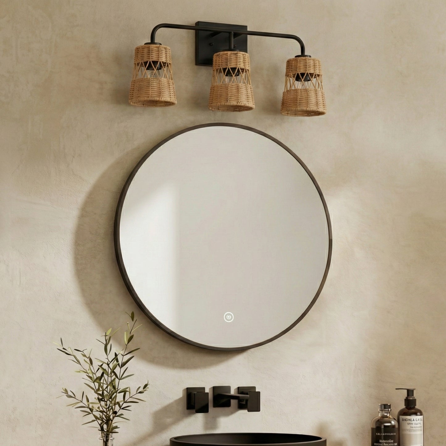 Moonlit Three Lights Wall Sconce With Rattan Shade, Bathroom Lighting