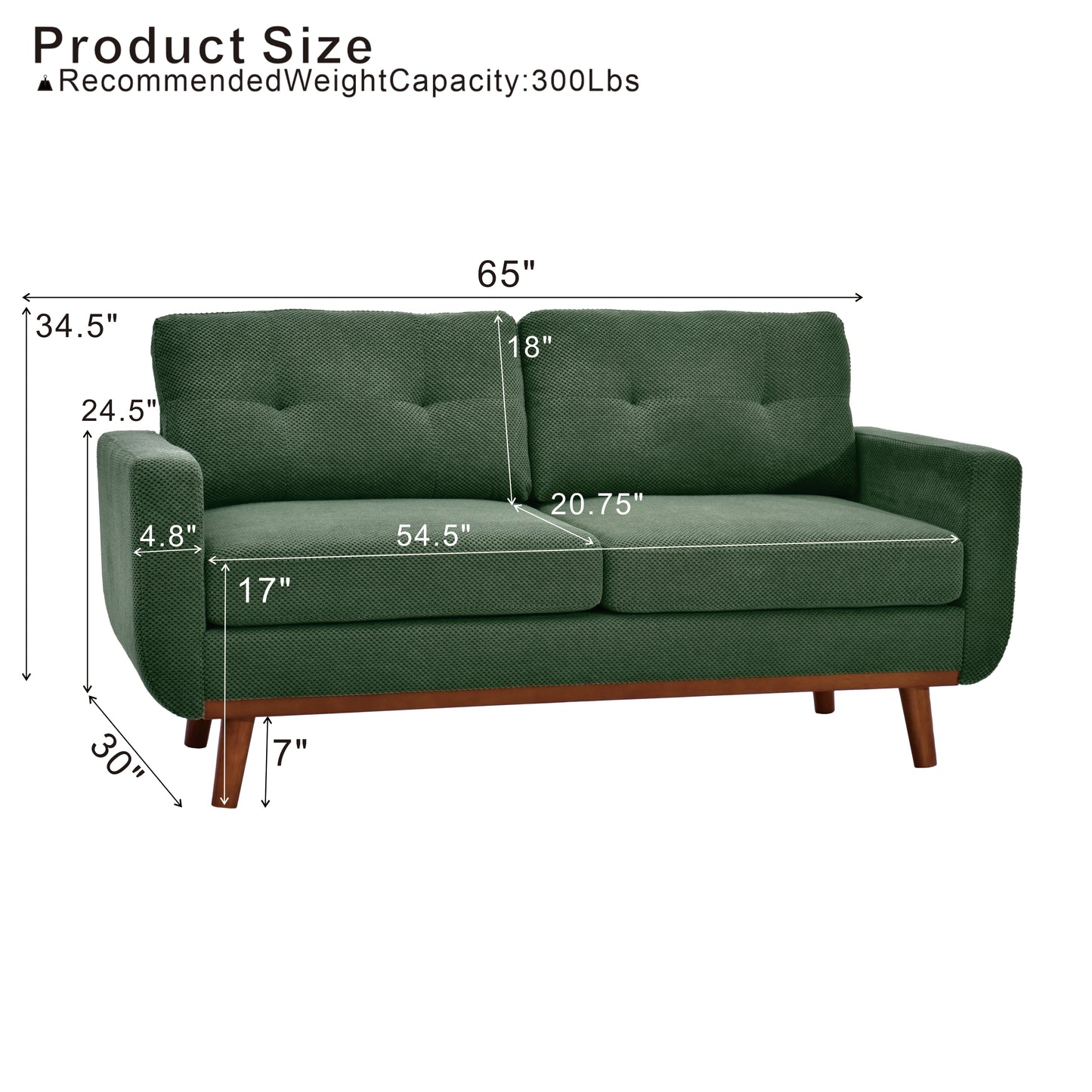 65-Inch Modern Minimalist Two-Seater Sofa - Dark Green