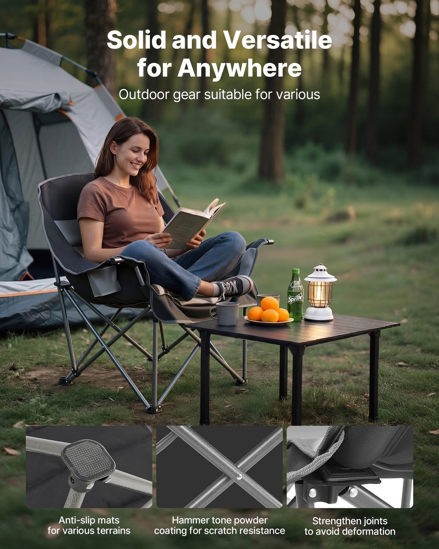 Heavy Duty Folding Camping Chair Support 450 lbs with Cup & Wine Glass Holders