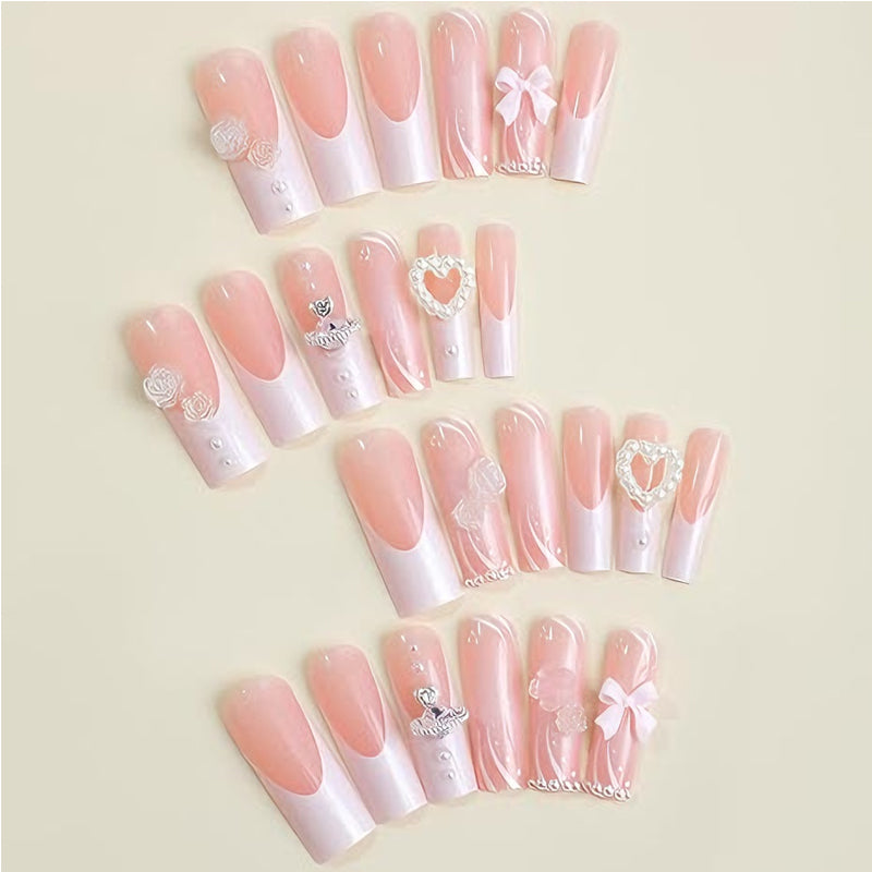 24-Piece Planet Pearl Flower Press-On Nails - Long Square Fake Nail Tips