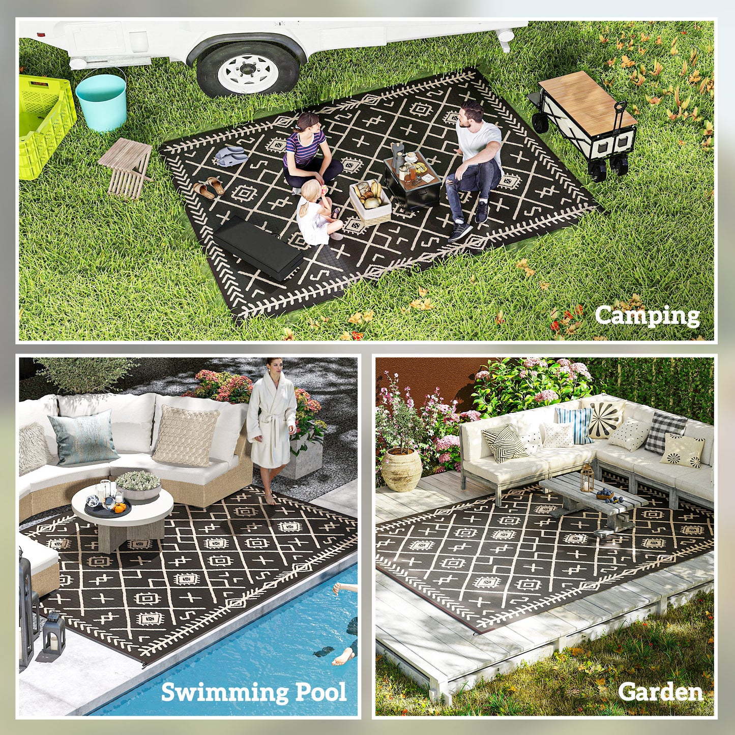 Reversible Waterproof Outdoor Rug - Black & Beige Rhombus, 9x12