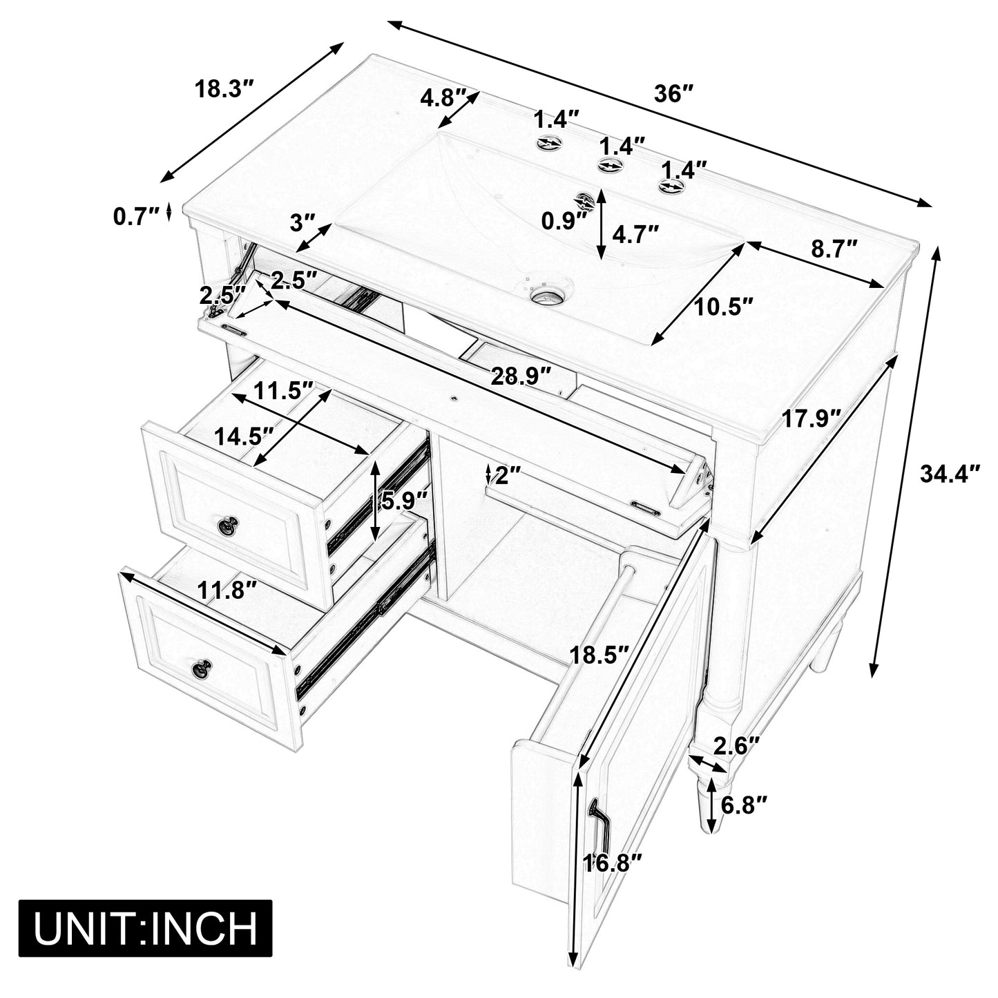 36" Bathroom Vanity with Sink - Freestanding Cabinet, White