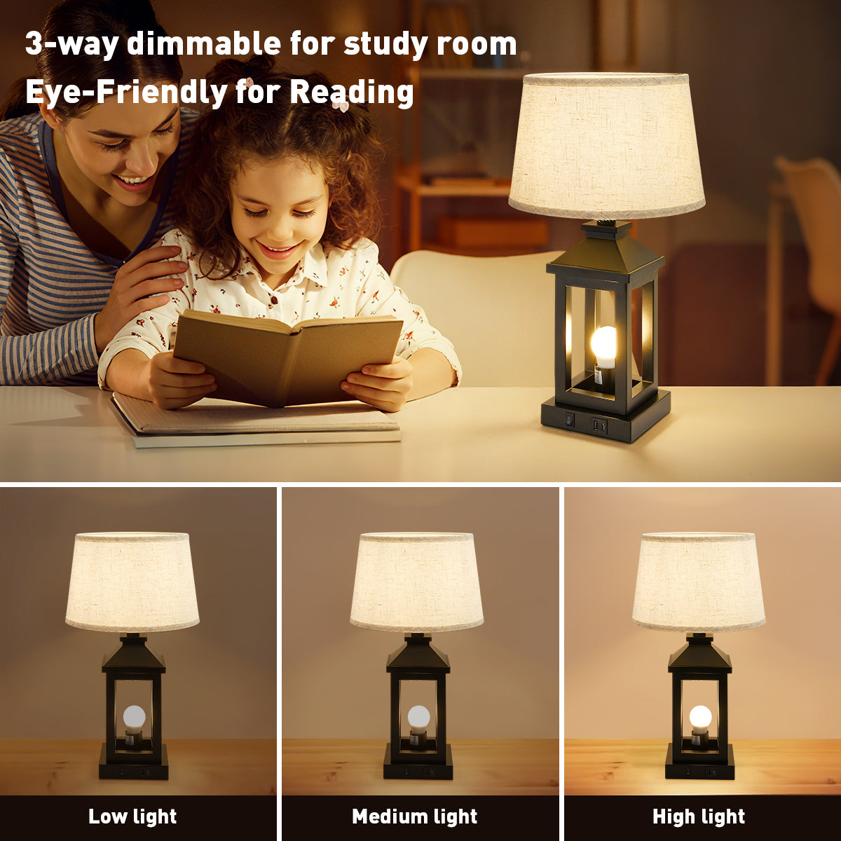 Dimmable Black Farmhouse Bedside Table Lamp with USB Ports