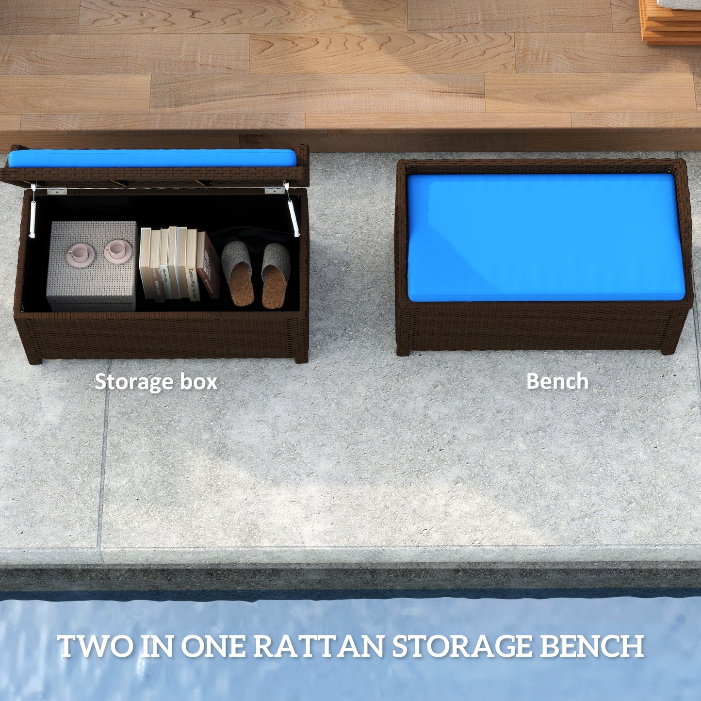 Outdoor Wicker Storage Bench With & Cushion, Blue