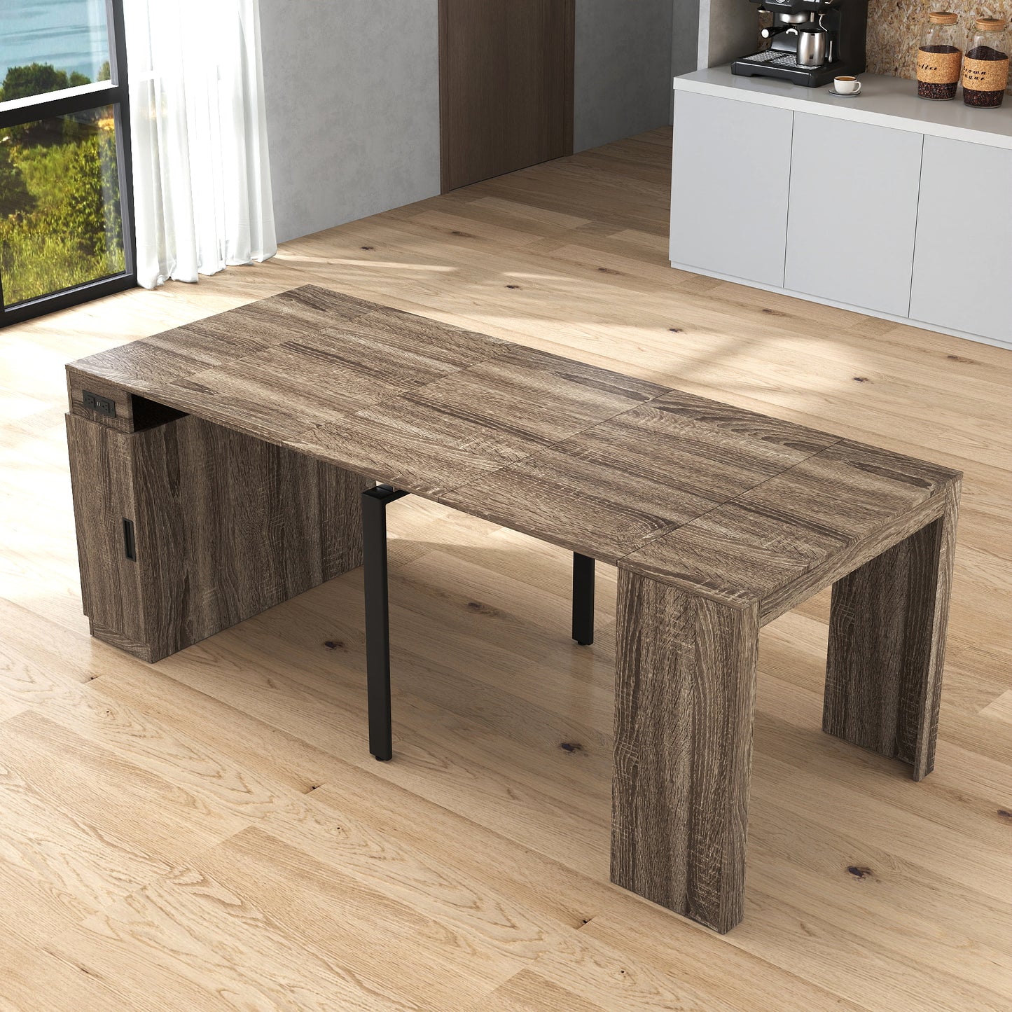 Modern Extendable Dining Table with Outlet & Storage - Brown