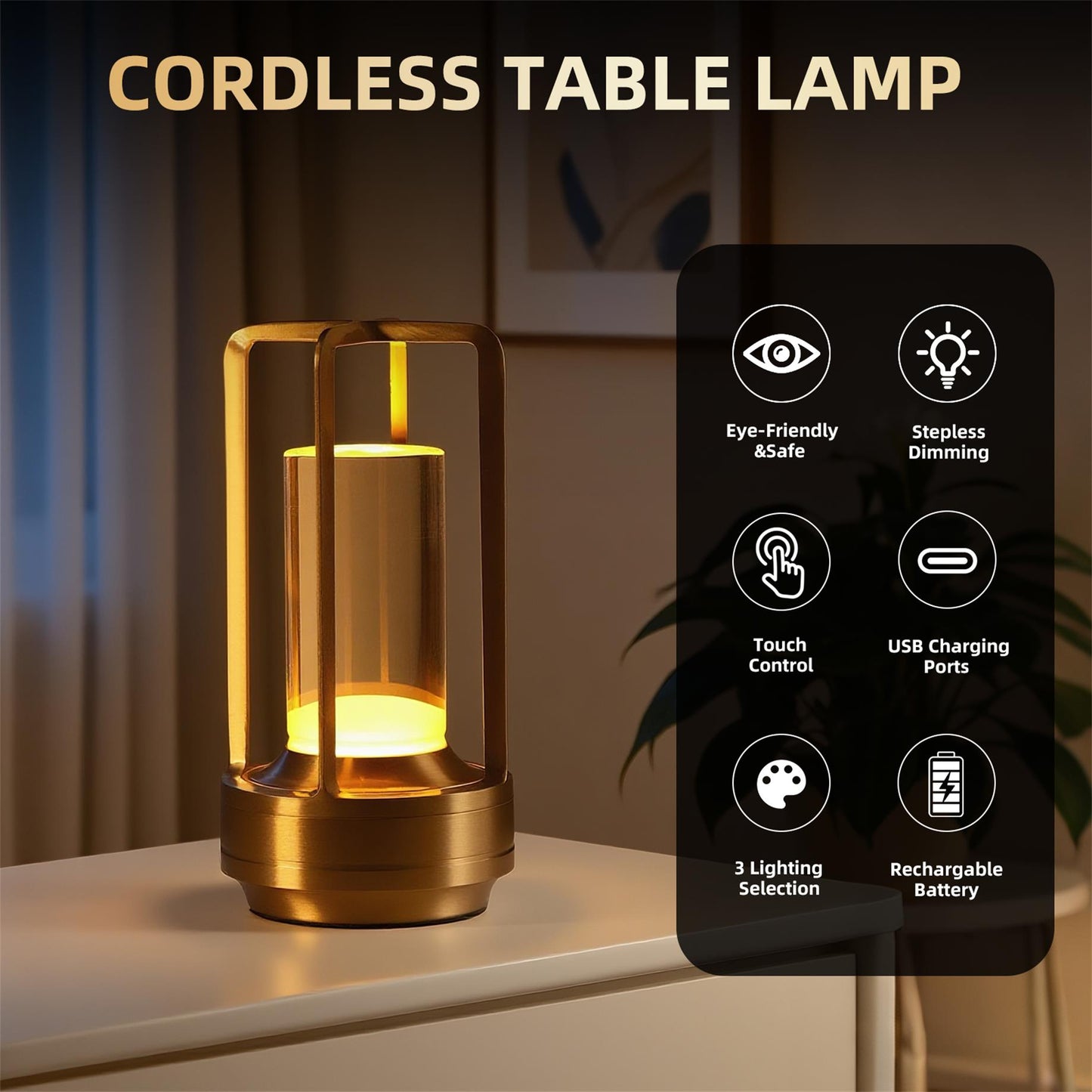 Portable Touch Control LED Table Lamp with 5000mAh Battery - Dimmable, Cordless for Bedroom Camping & Home