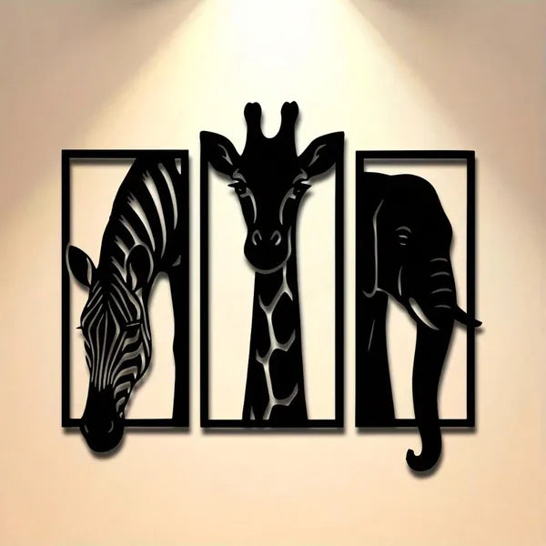 African Animal Metal Wall Art Set - Zebra Giraffe Elephant Decor - 3 Pieces