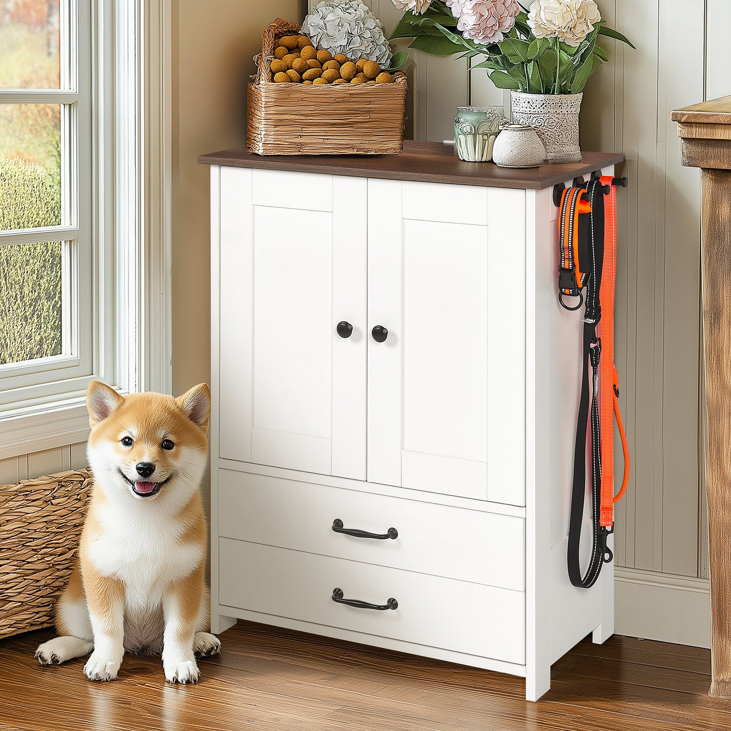 Dog Feeding Station, Double Door Locker With 2 Adjustable Bowls, 3