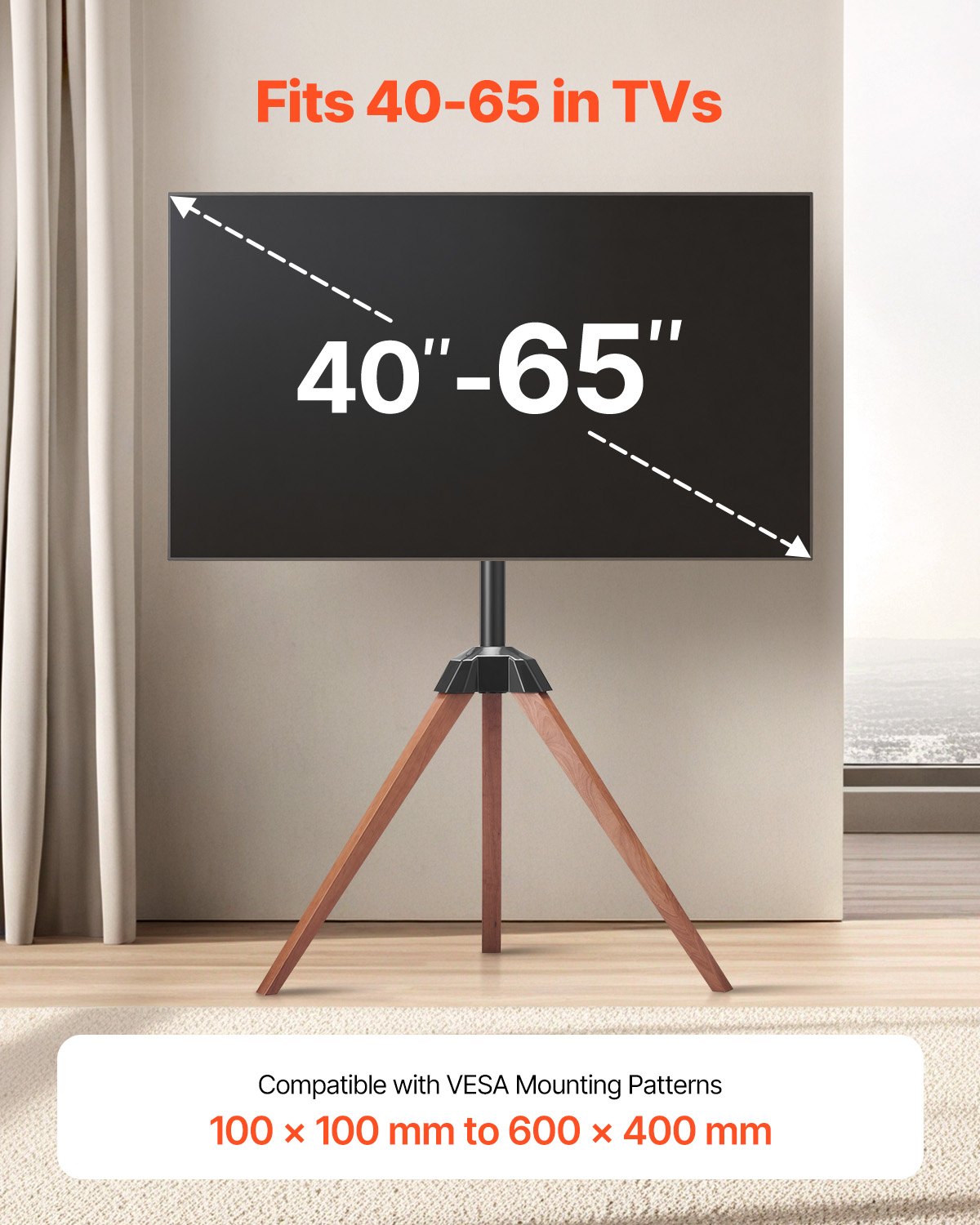 Portable Tripod TV Stand for 40-65 Inch TVs - Oak Wood Legs