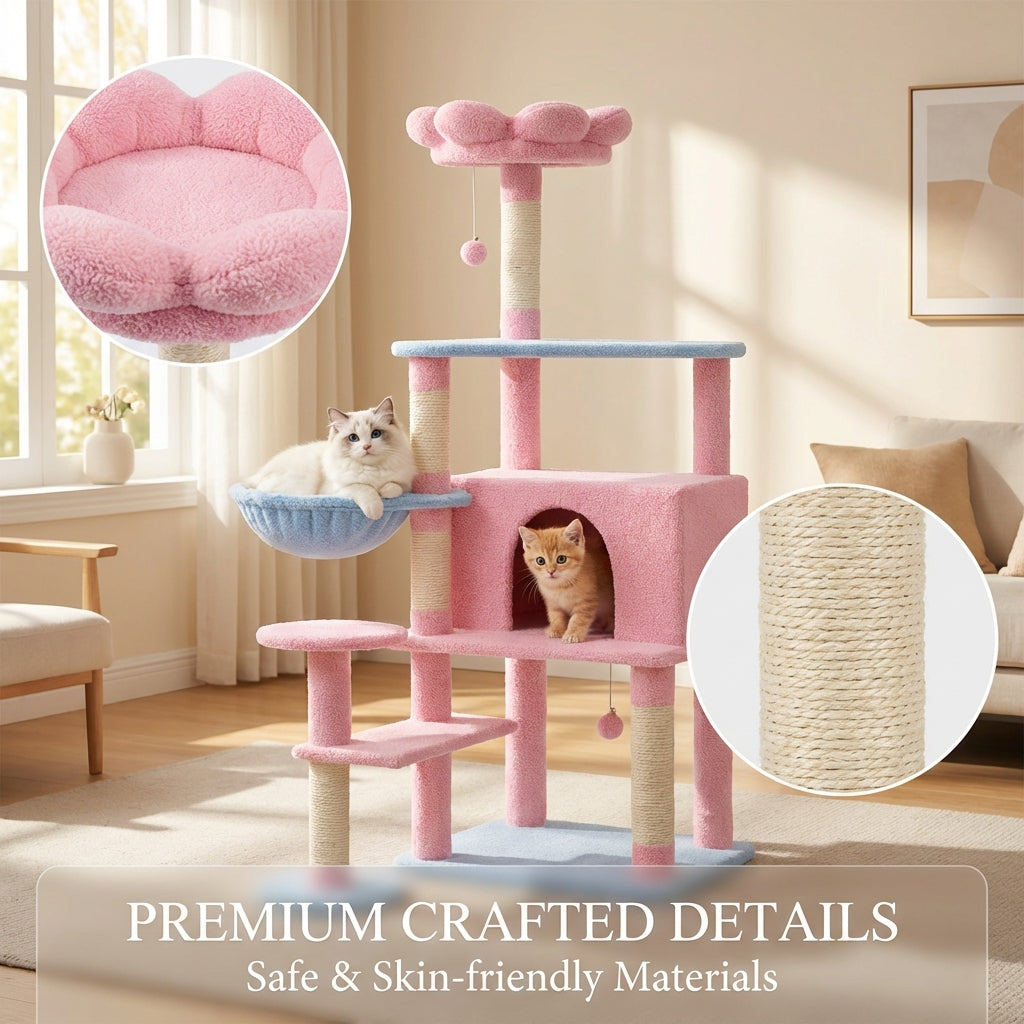 Pink Flower Cat Tree with Large Condo, Removable Cushion & Hammock - 56 Inch Tall