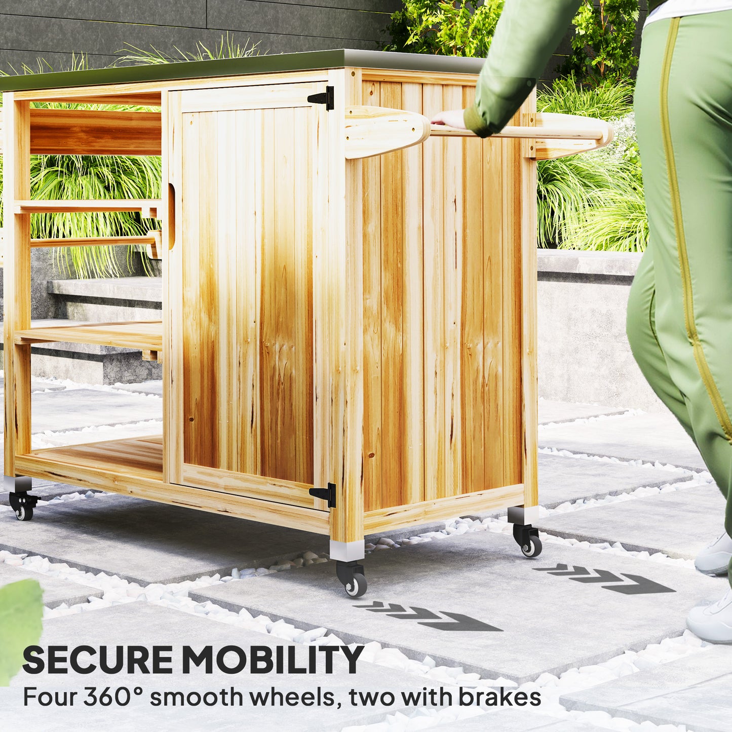 Outdoor Grill Cart with Stainless Steel Top & Solid Wood Frame