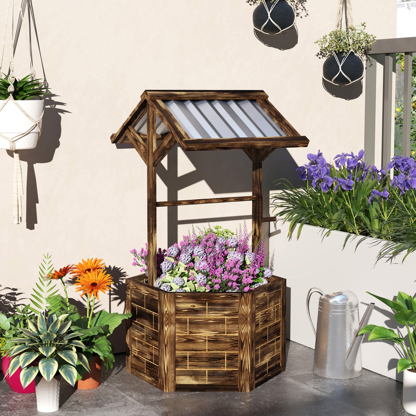 Wooden Wishing Well Planter, Raised Garden Bed With Galvanized