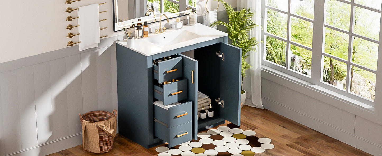 36-Inch Blue Bathroom Vanity with Ceramic Sink & Storage Cabinet