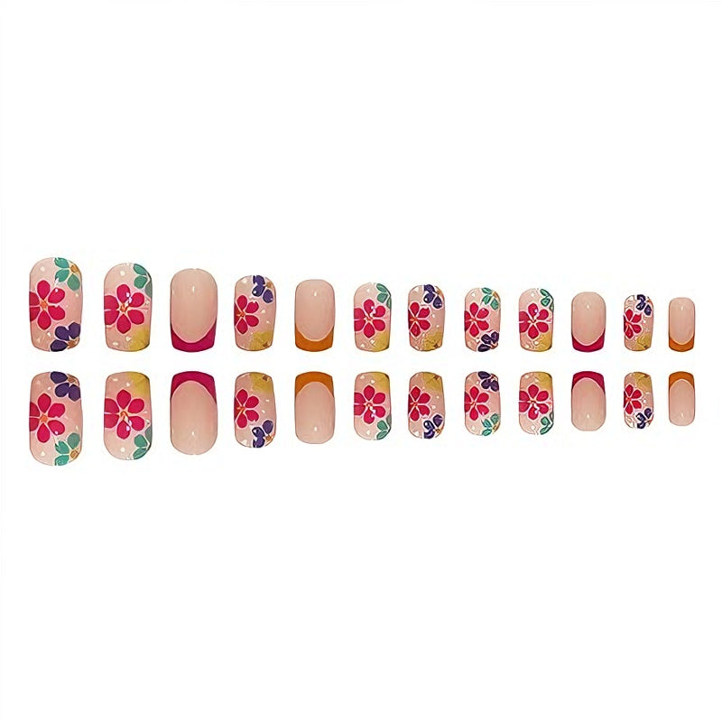 Short Square Press-On Nails with French Floral Designs - 24 Piece Set