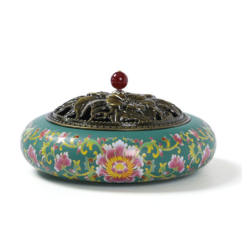 Ceramic Lotus Incense Burner with Iron Cover - Traditional Chinese Style Home Fragrance