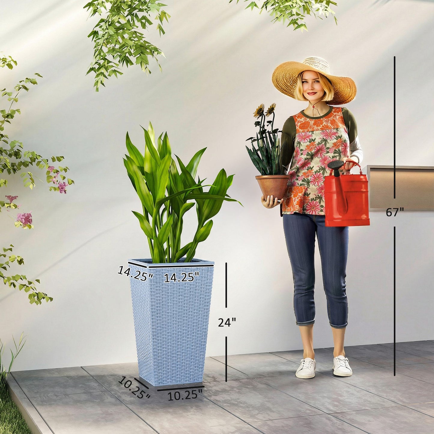 Tall Outdoor Plant Planters Set of 3 - 24 Inch Rattan-Style Flower Pots with Drainage Holes, Light Gray