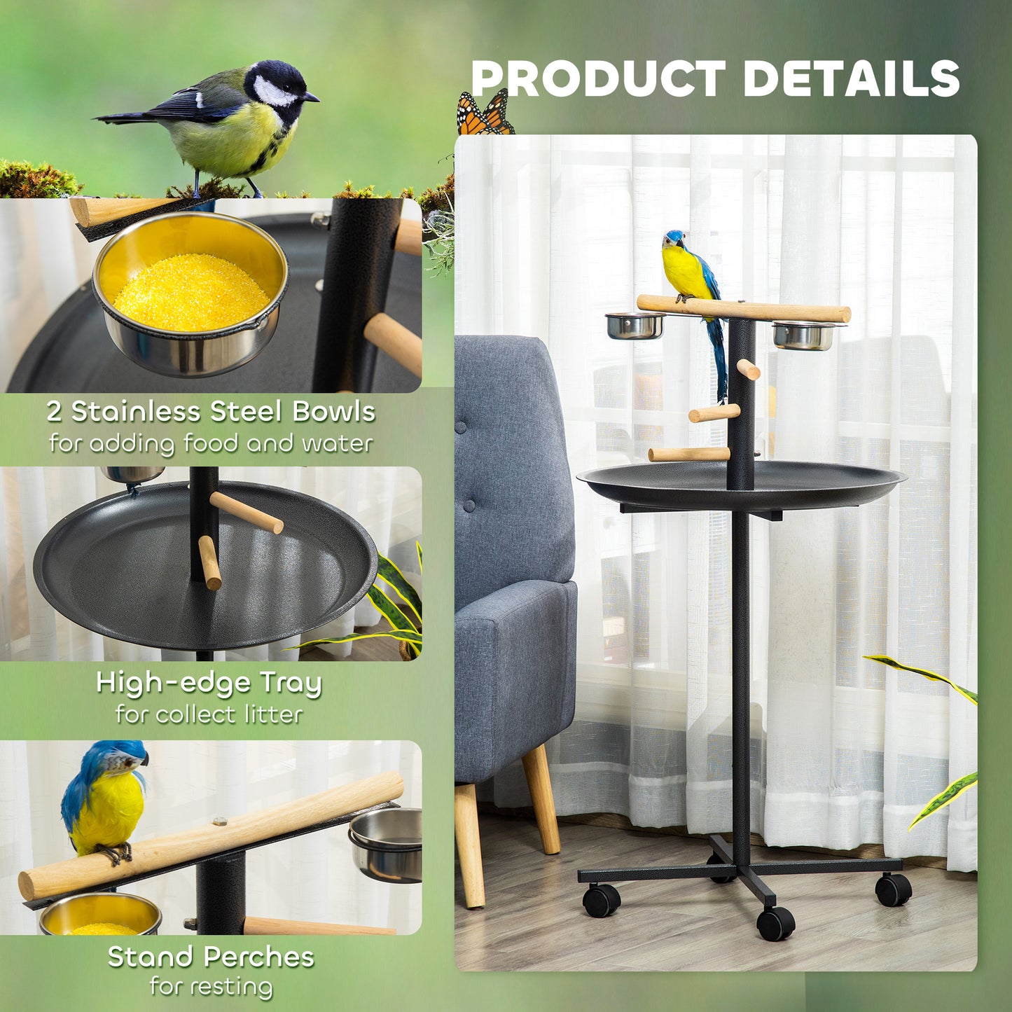 Portable Bird Play Stand with Wheels and Stainless Steel Feeders - Gray