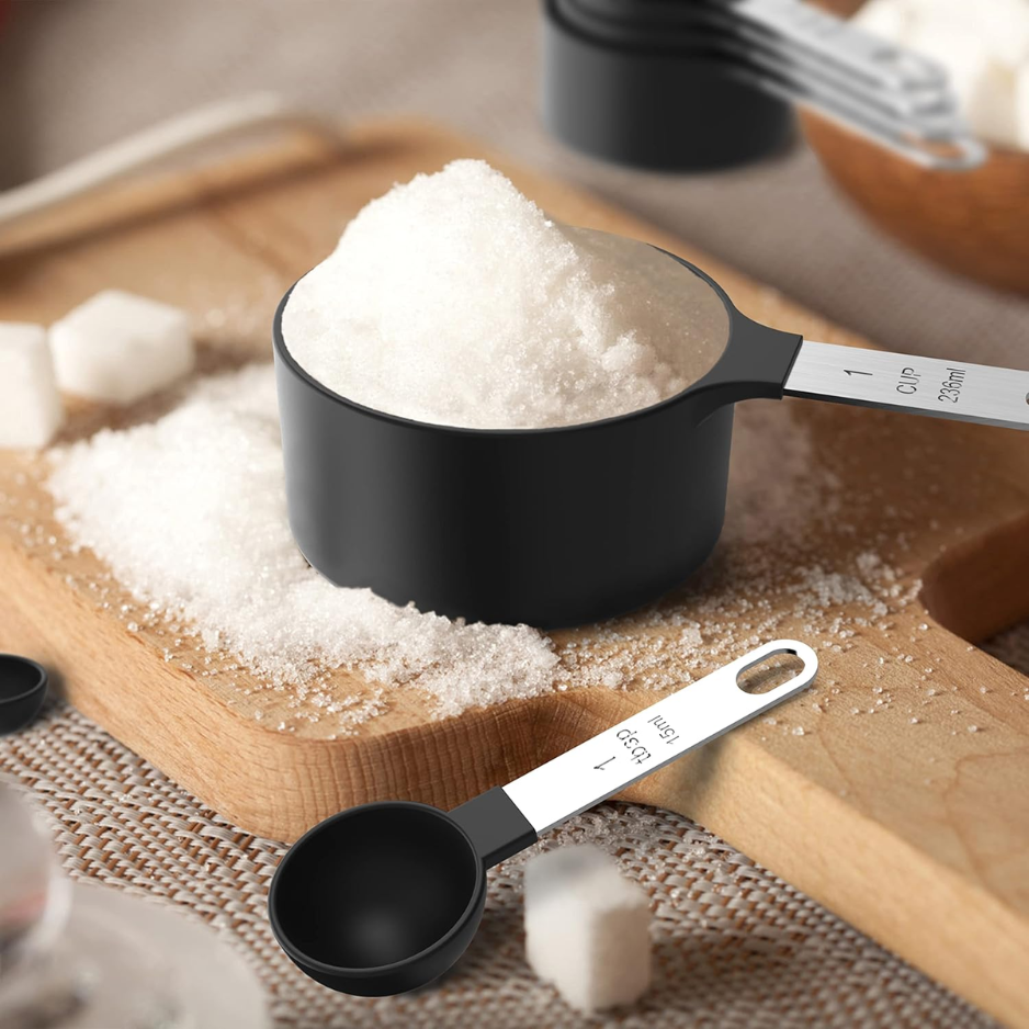 Black Stackable Measuring Cups & Spoons Set with Stainless Steel Handles