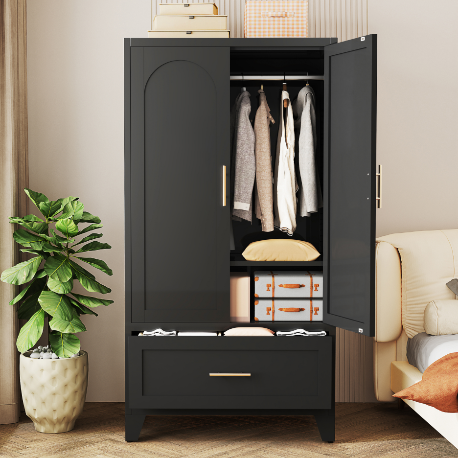 60" Tall Metal Wardrobe Cabinet with Drawer & Hanging Rod - Black