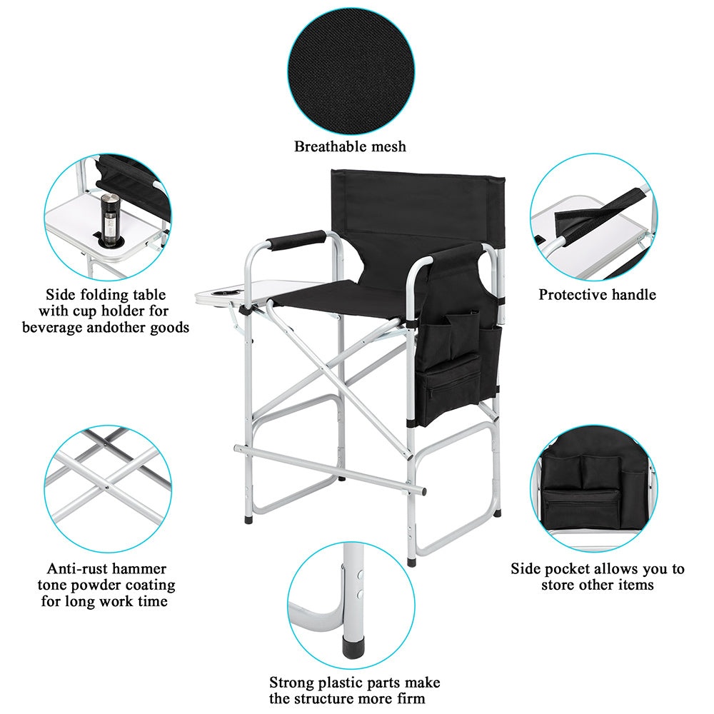 Folding Director's Chair with Footrest and Storage - Black