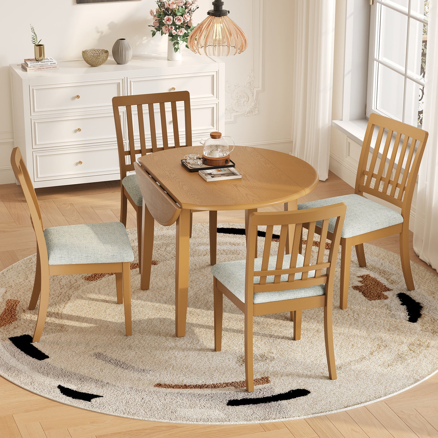 5-Piece Round Dining Table Set For 4 People, 1 Folding Wood