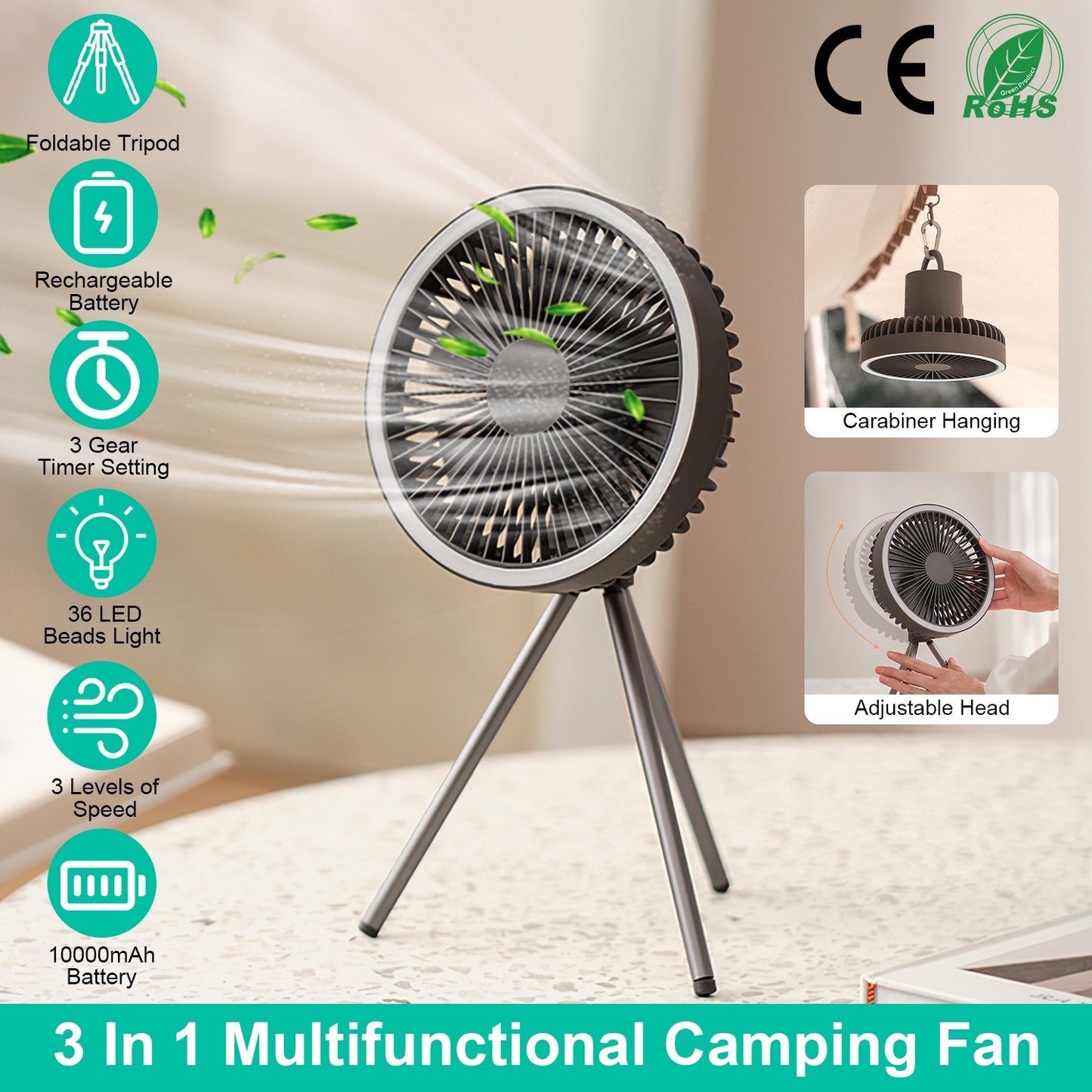 Portable Camping Fan with Lantern - 10000mAh Rechargeable Battery