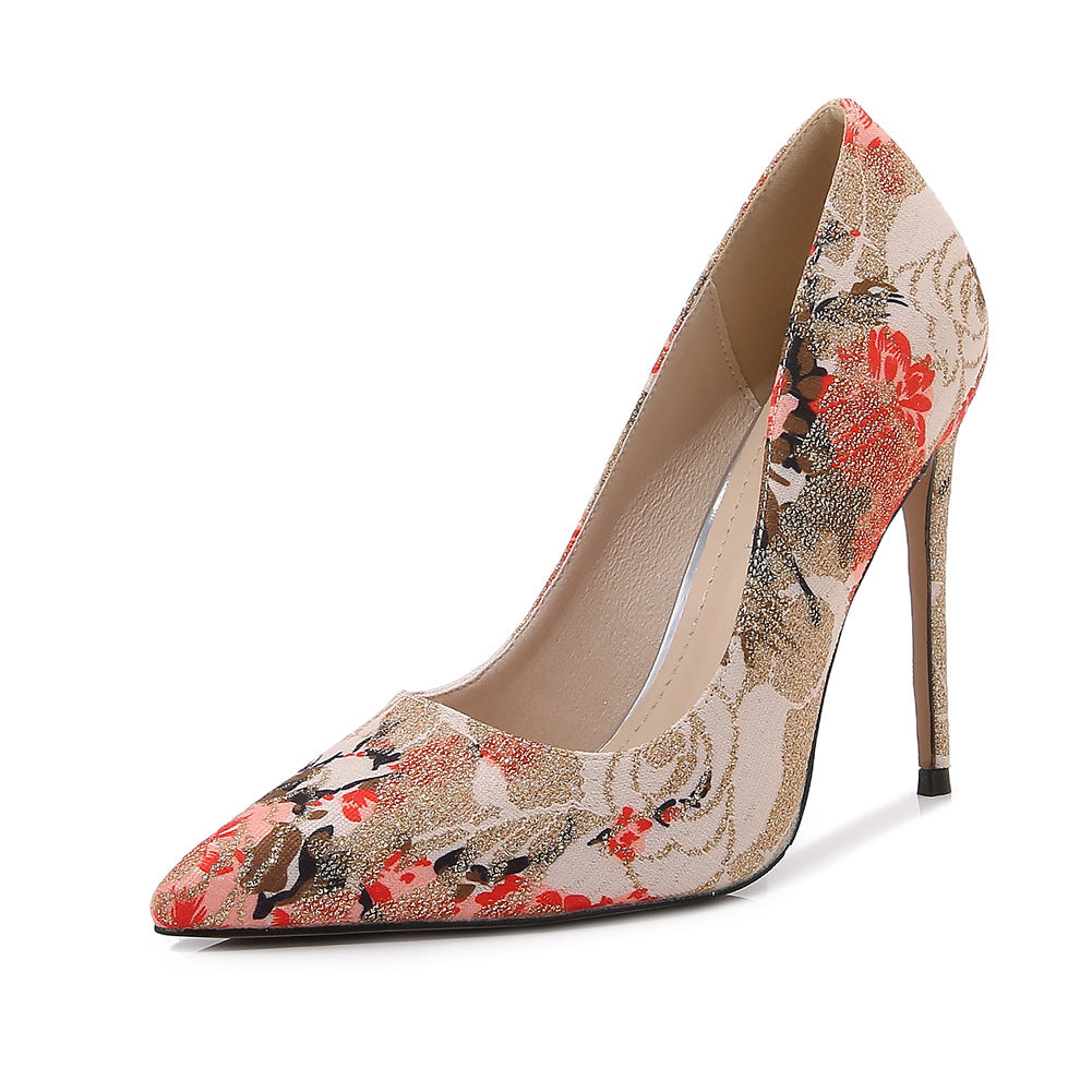 European & American Style Embroidered High Heel Shoes for Women