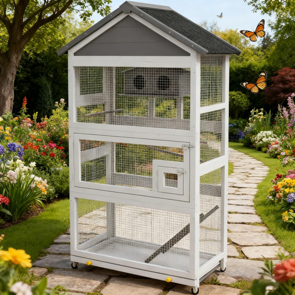 Spacious Wooden Bird Aviary with Slide-Out Tray & Perches - Black+Grey