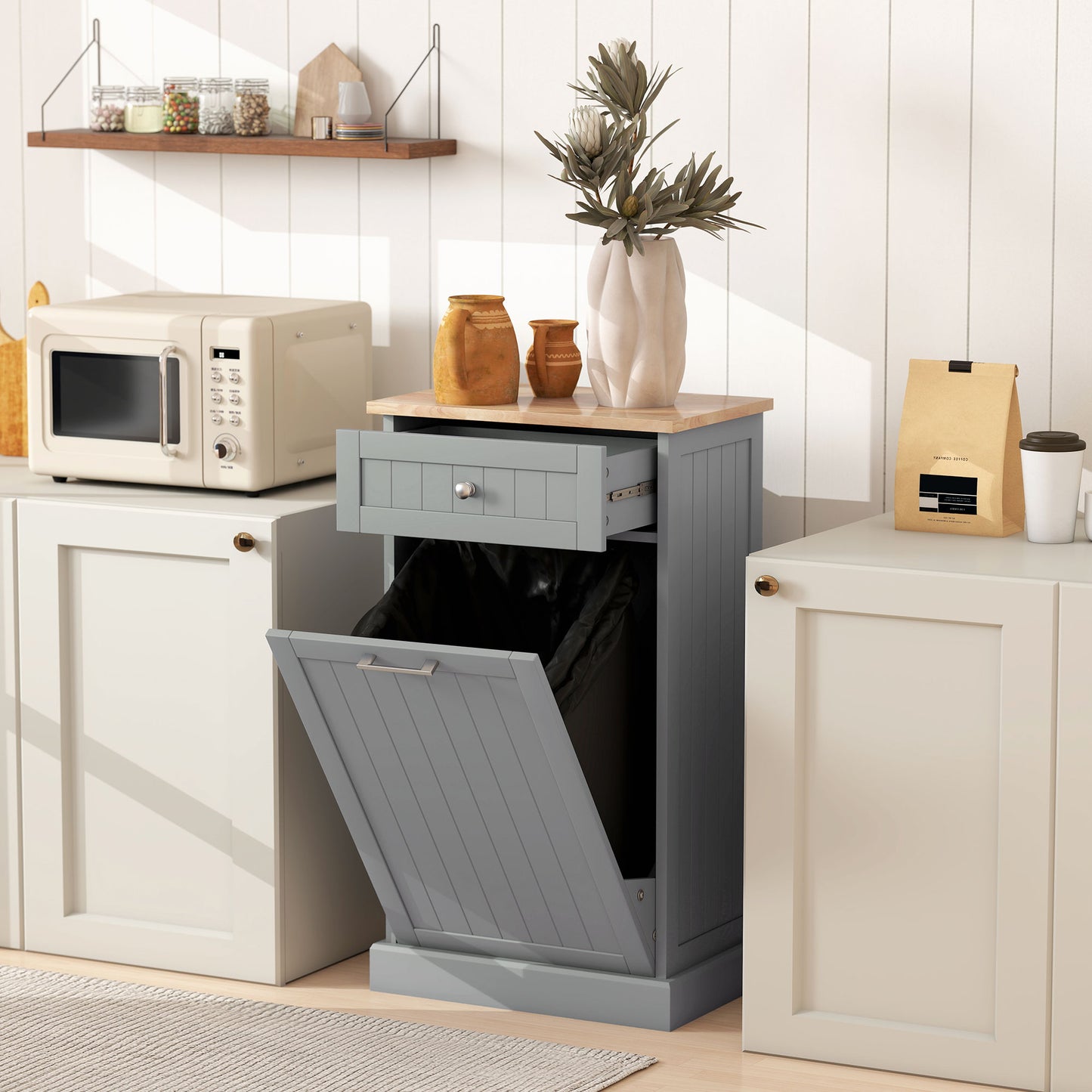 Tilt-Out Trash Bin Cabinet with Drawer - Gray Kitchen Organizer