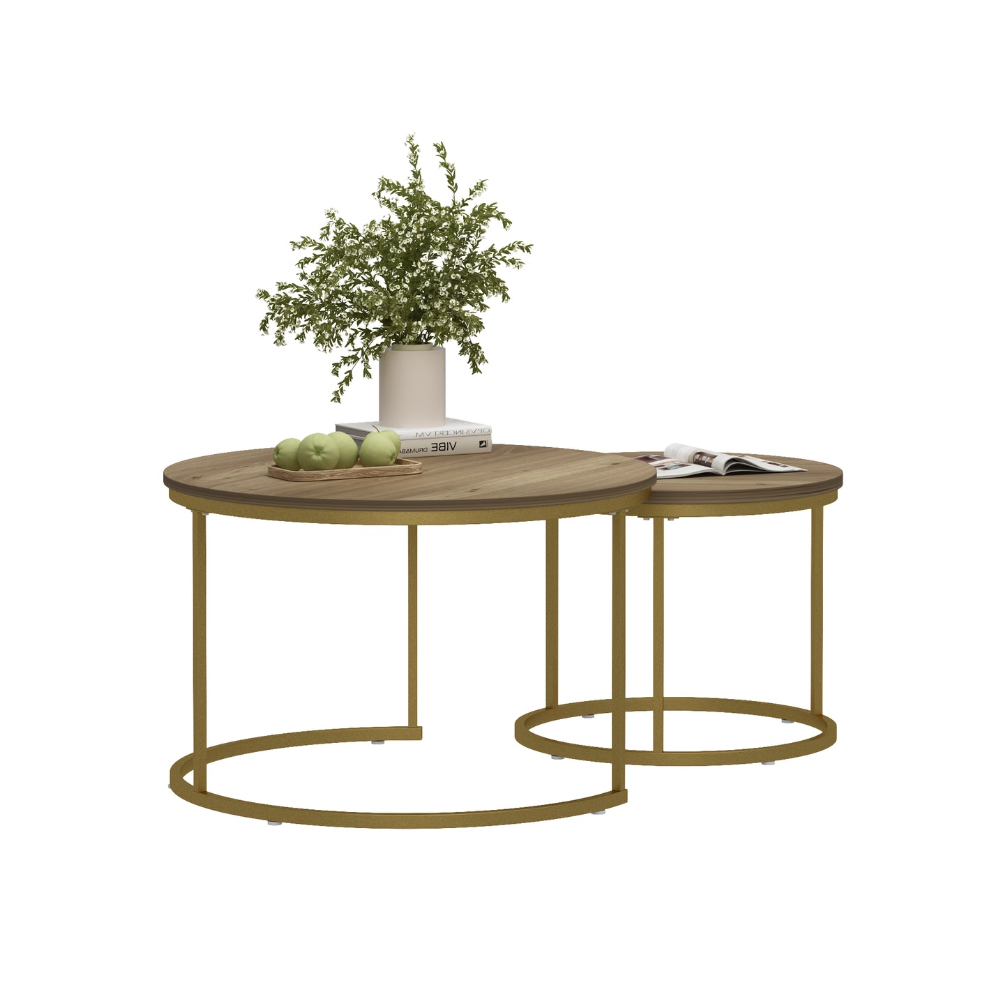 Nesting Coffee Table Set of 2 - Round Wood & Metal - Brown+Gold
