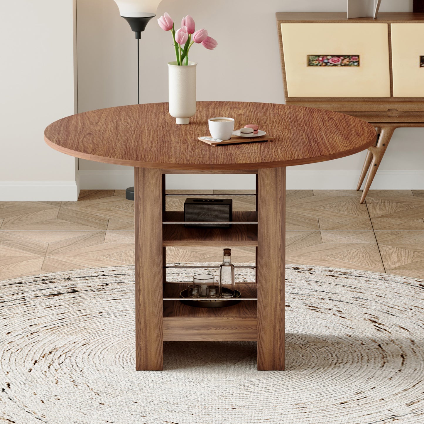 42 Inch Round MDF Walnut Dining Table- 30 Inches High, With