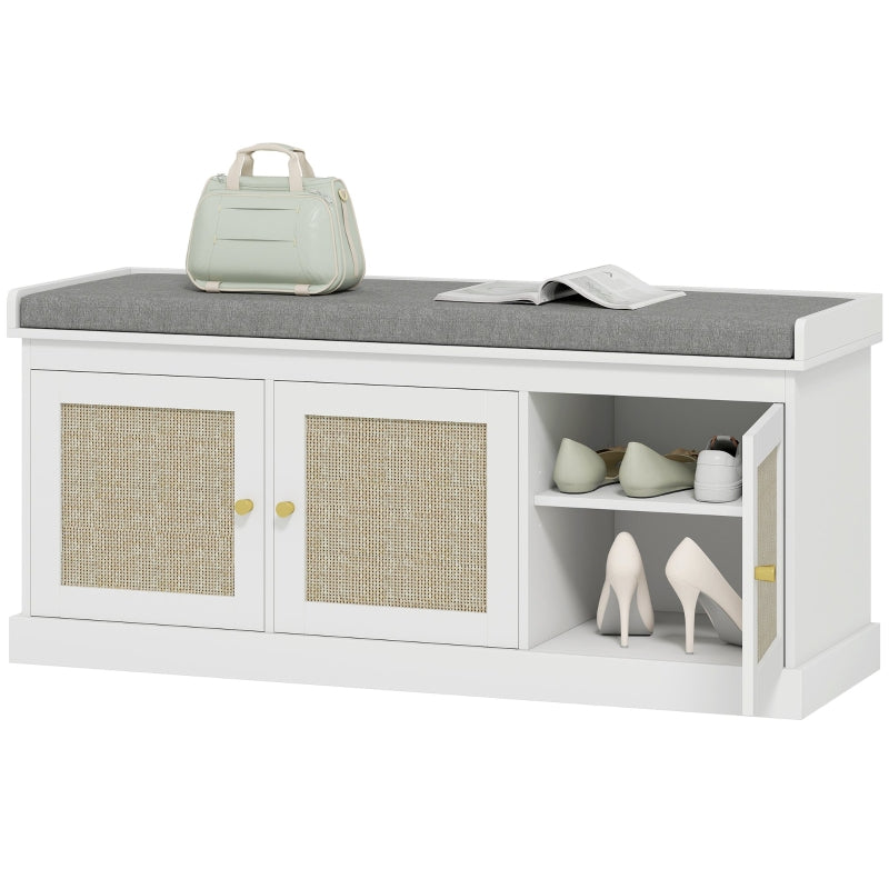 Shoe Storage Bench with Woven Rattan Doors & Cushion - Gray White