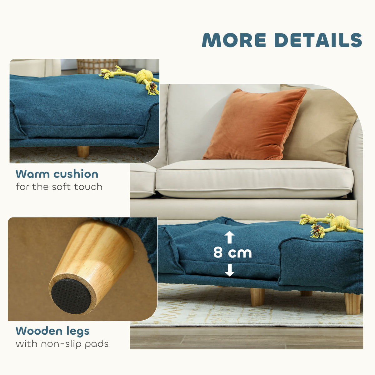 Large Dog Couch Bed with Cushion & Pine Wood Legs - Dark Blue