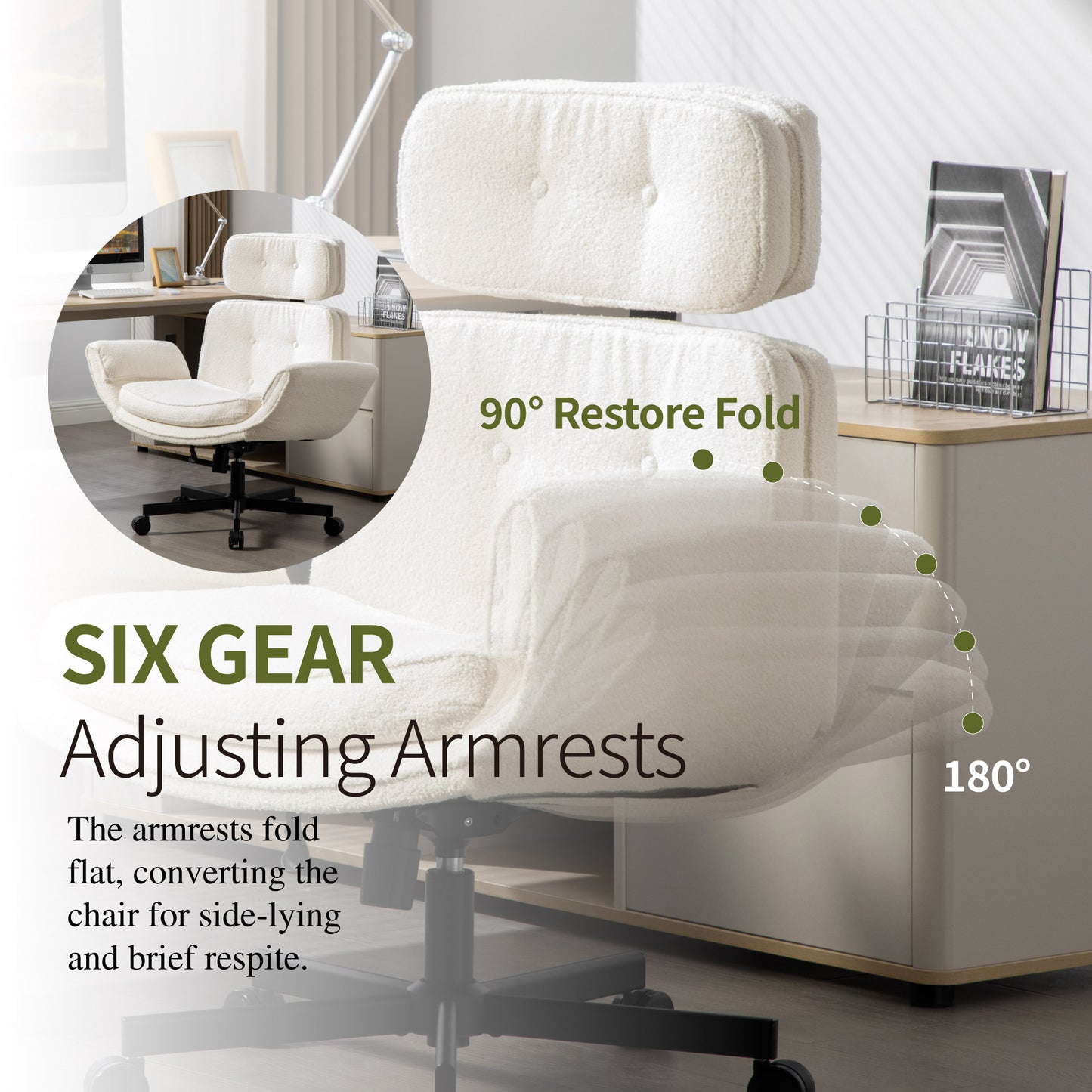 Lounge Desk Chair with Adjustable Armrests & Wheels - Ivory