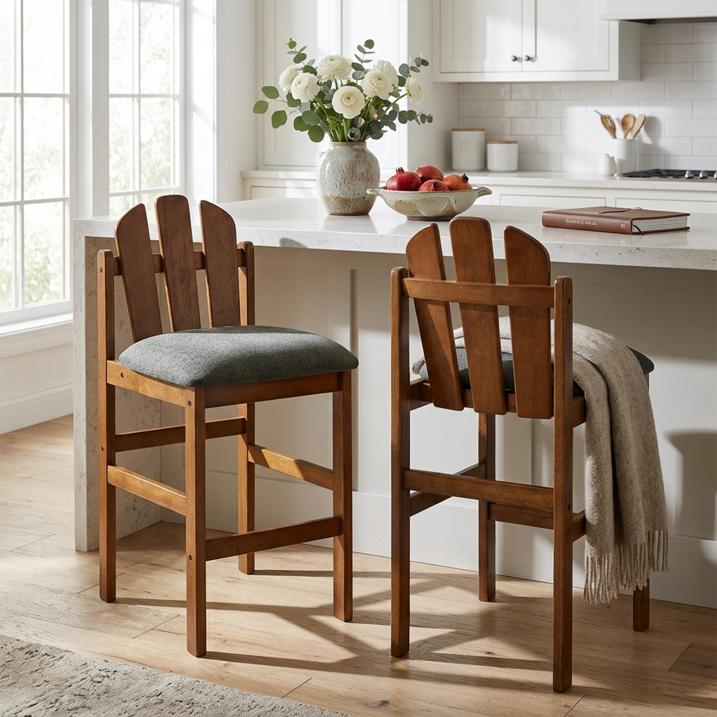 Mid-Century Rubber Wood Upholstered Counter Stools - Set of 2, Green