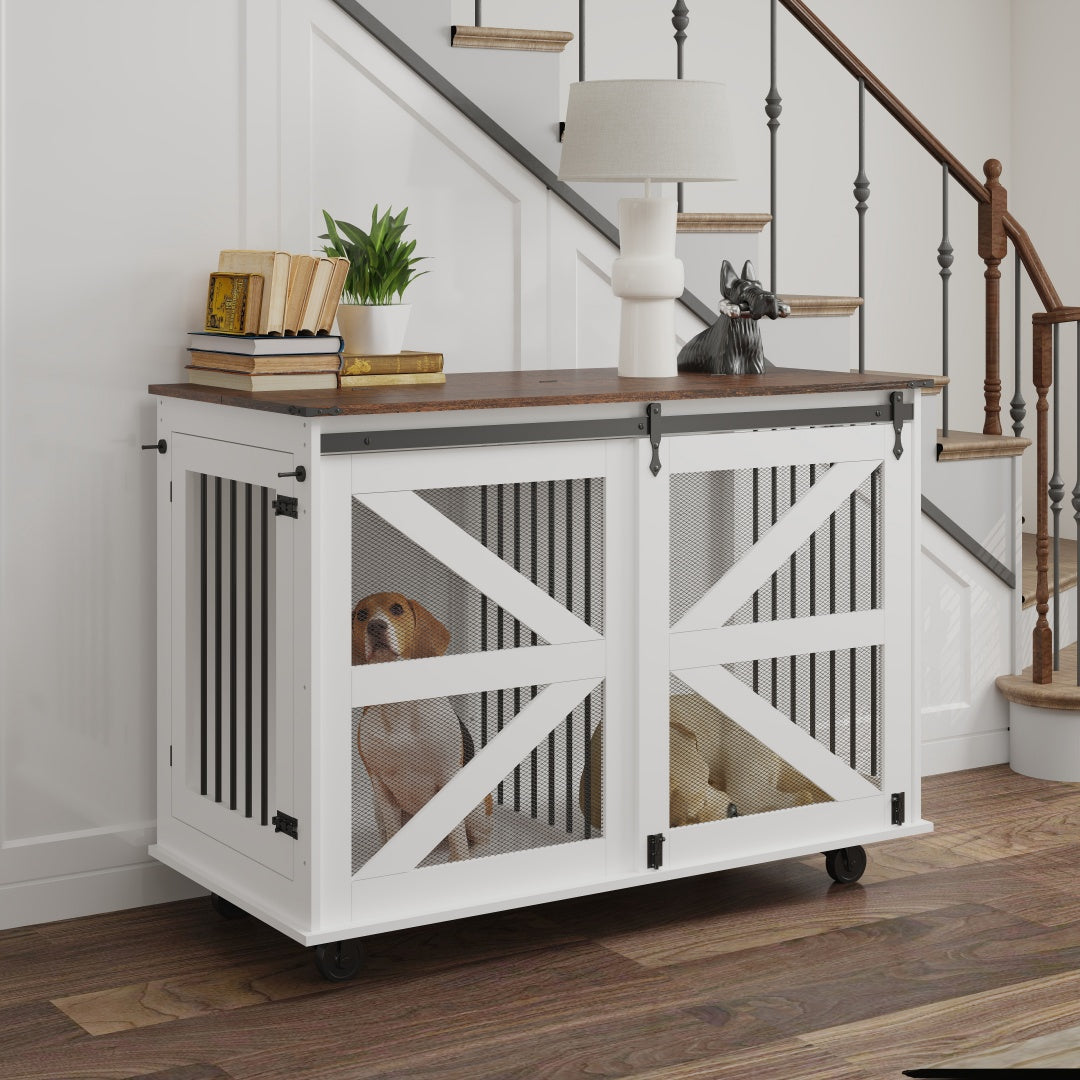 47.2-Inch Mobile Dog Crate with Flip-Top Feeding Door, Dual-Access & Casters