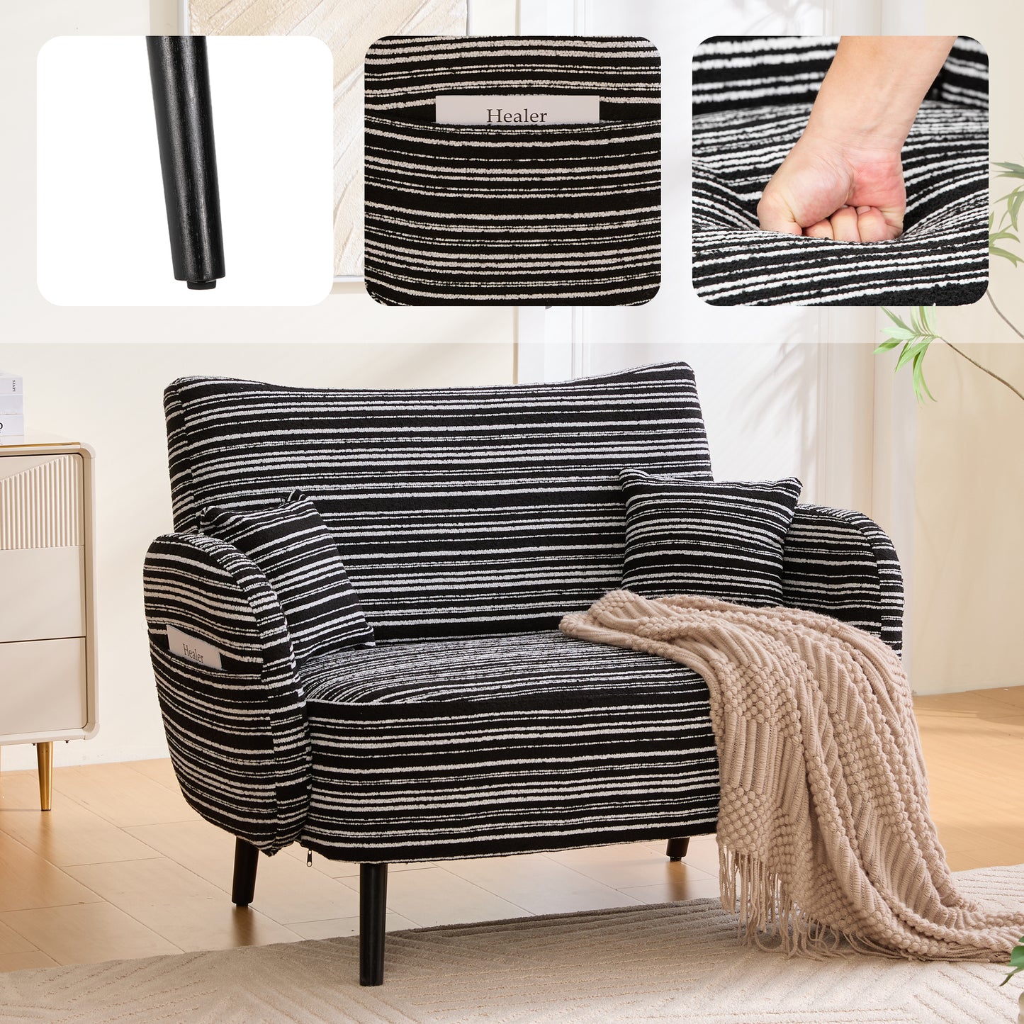 Modern Two-Seater Sofa with Storage Pockets - Black