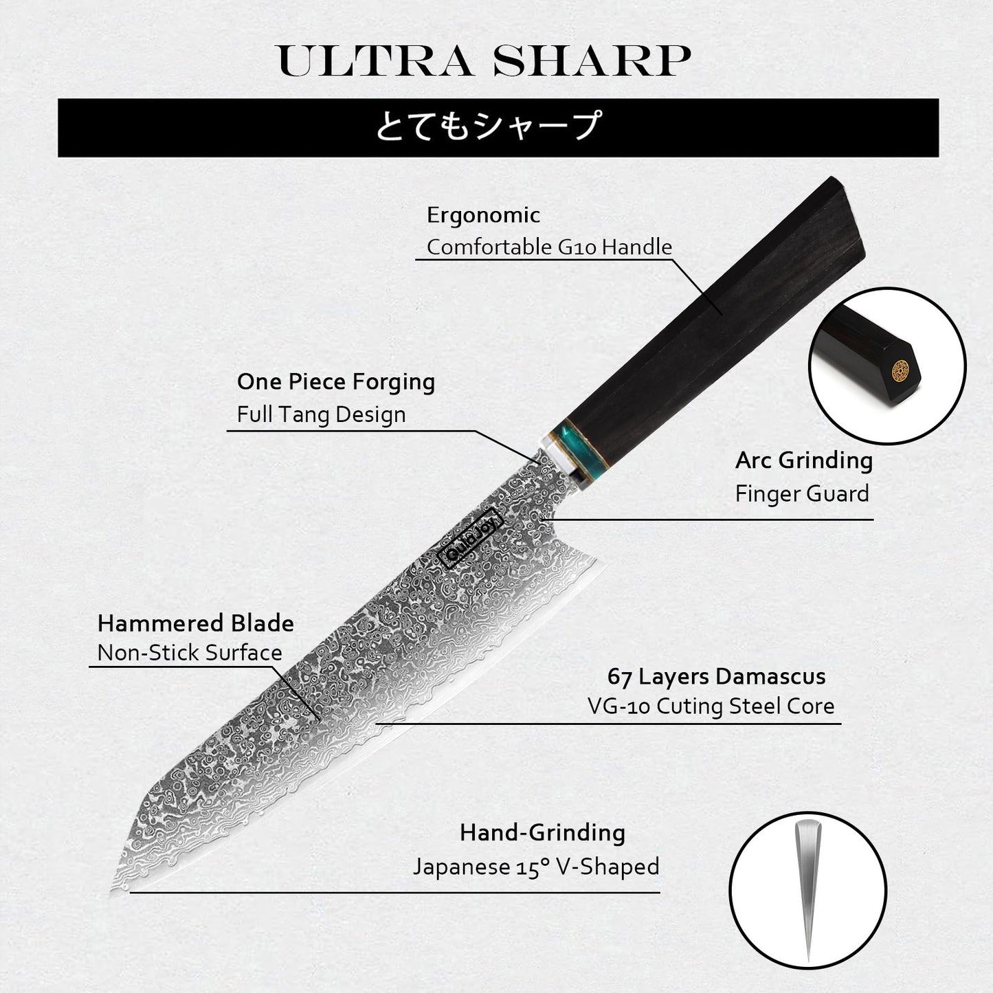 Japanese Gyuto Chef Knife - 9 Inch VG-10 Steel Blade with Ebony Handle