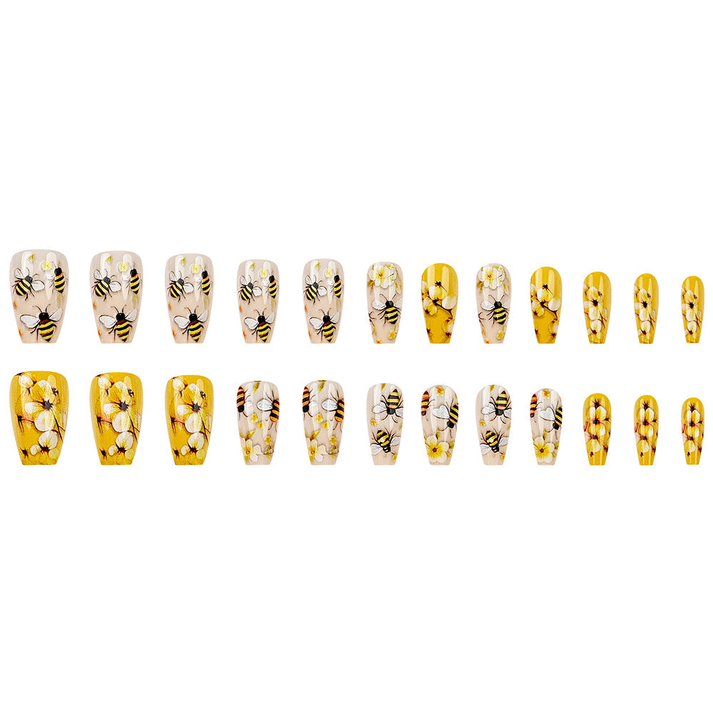 24-Piece Long Coffin-Shaped Fake Nail Set with Flower and Bee Designs