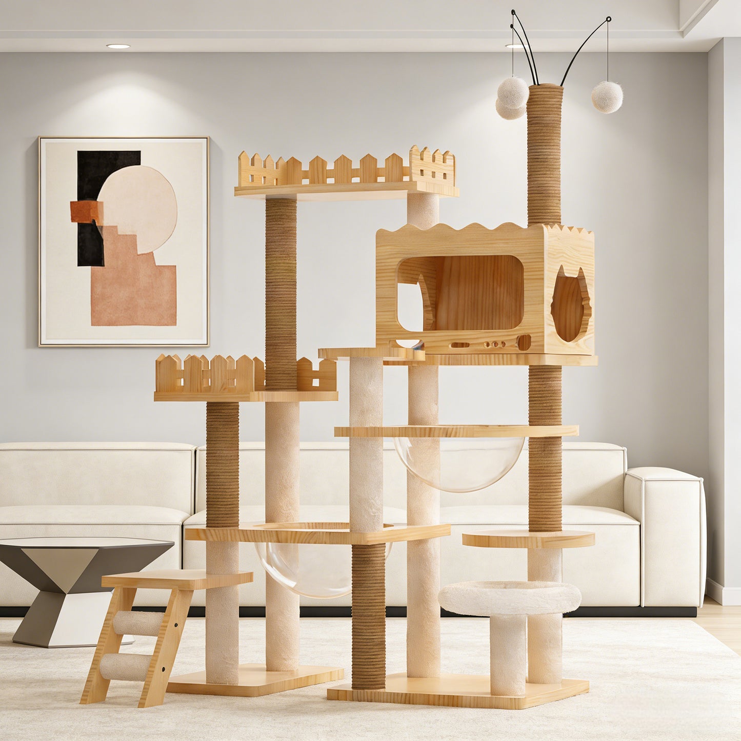 66.9-Inch Modern Wooden Cat Tree Tower with Sisal Posts & Acrylic Hammock