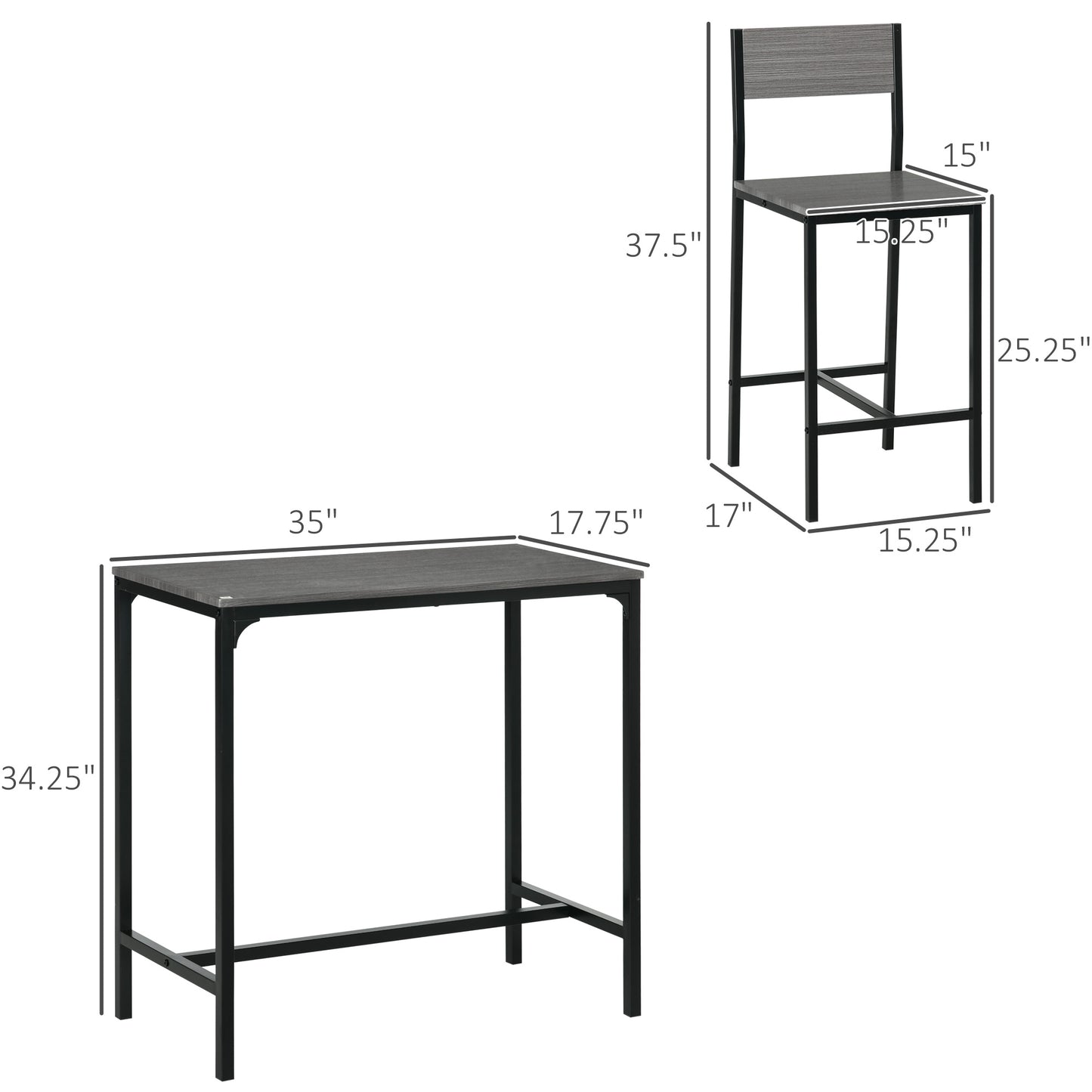 3 Piece Bar Table and Chairs, Industrial Dining Set for 2, Counter